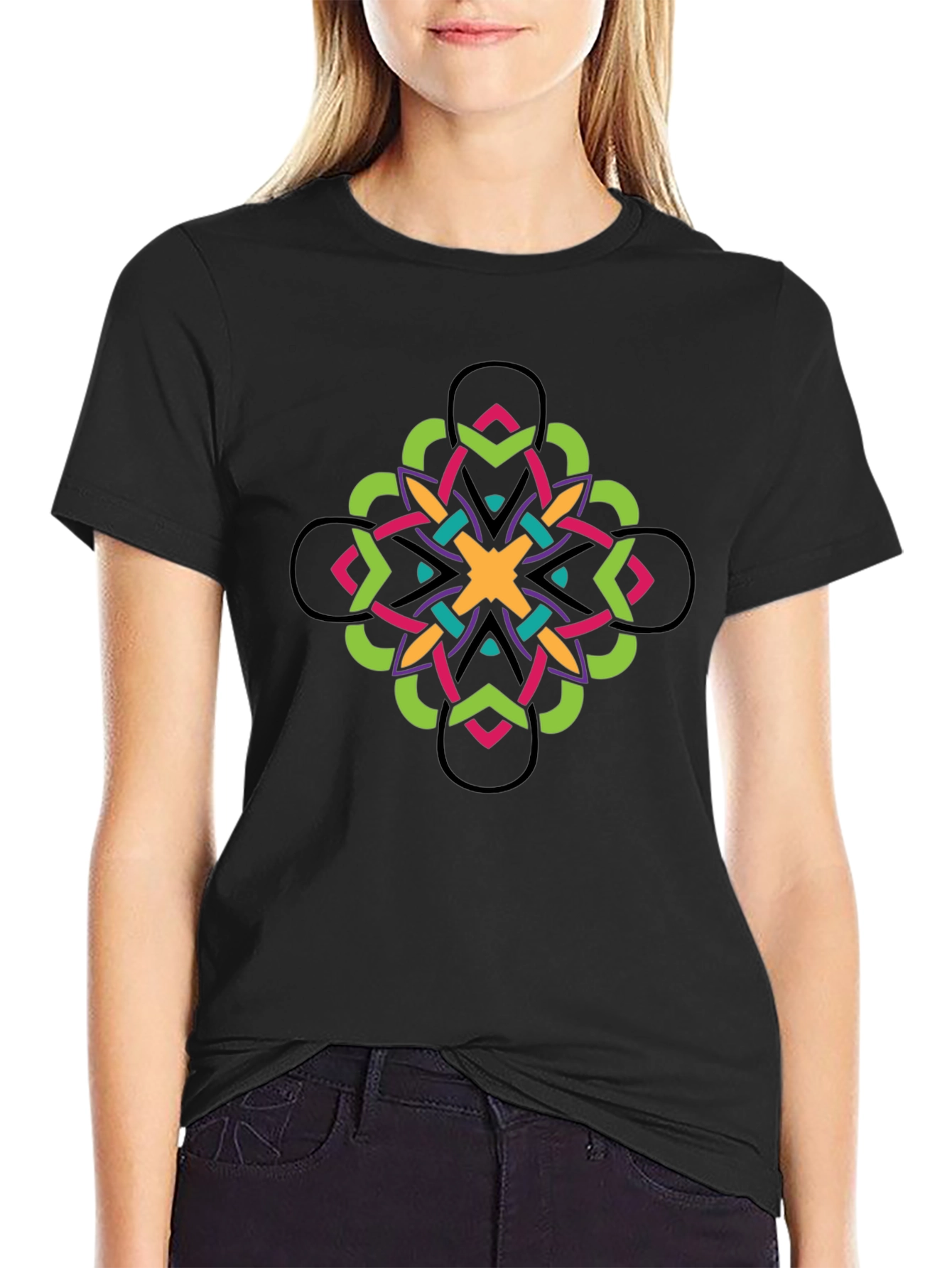 Geometric Kaleidoscope Graphic Tee - Black Cotton Blend