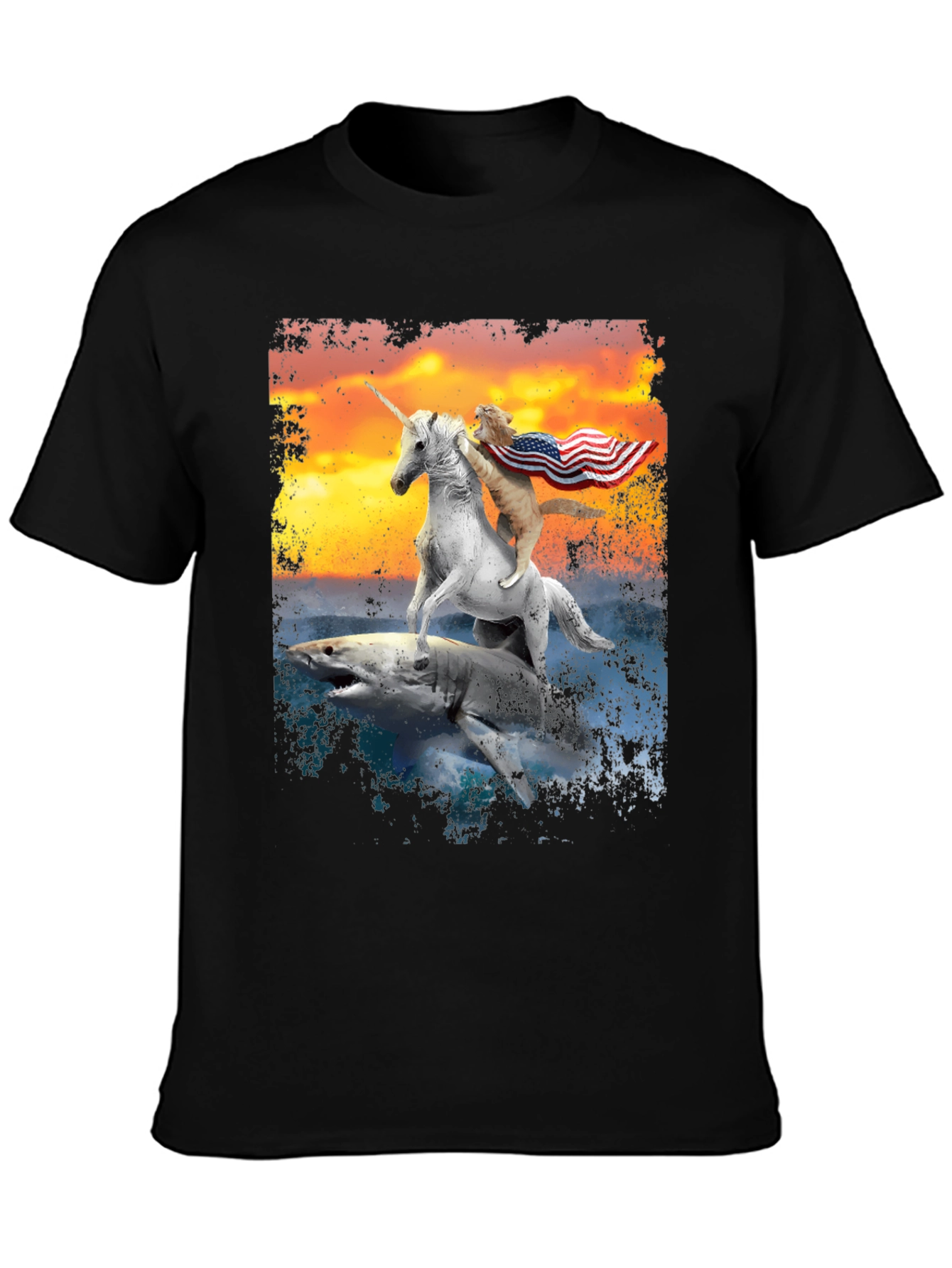 Patriotic Cat Riding Unicorn Shark T-Shirt