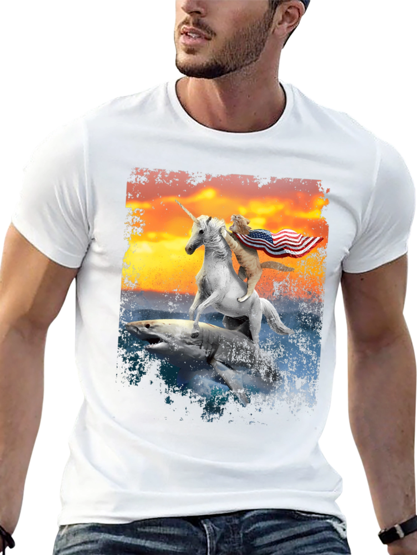Patriotic Cat Riding Unicorn Shark T-Shirt