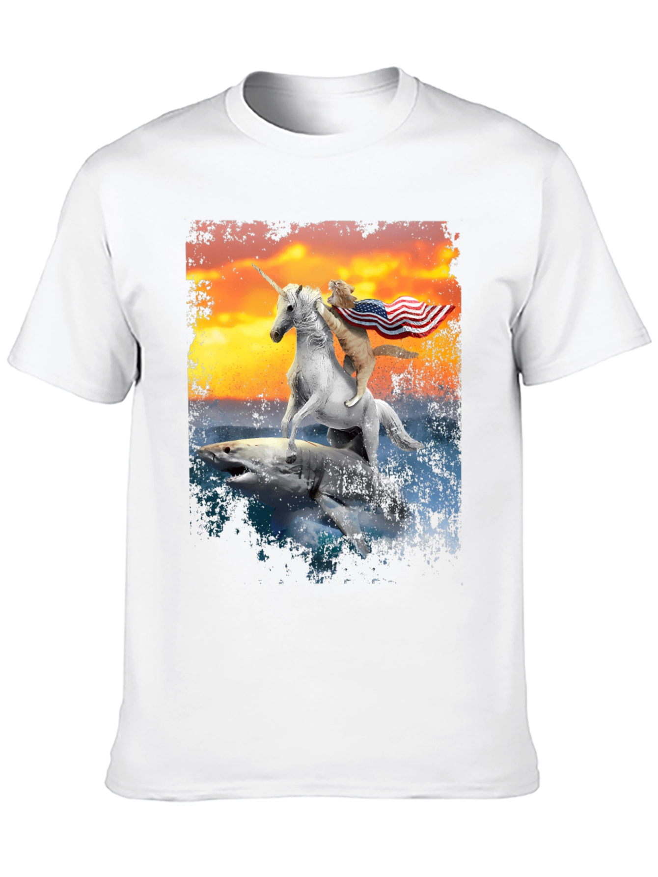 Patriotic Cat Riding Unicorn Shark T-Shirt