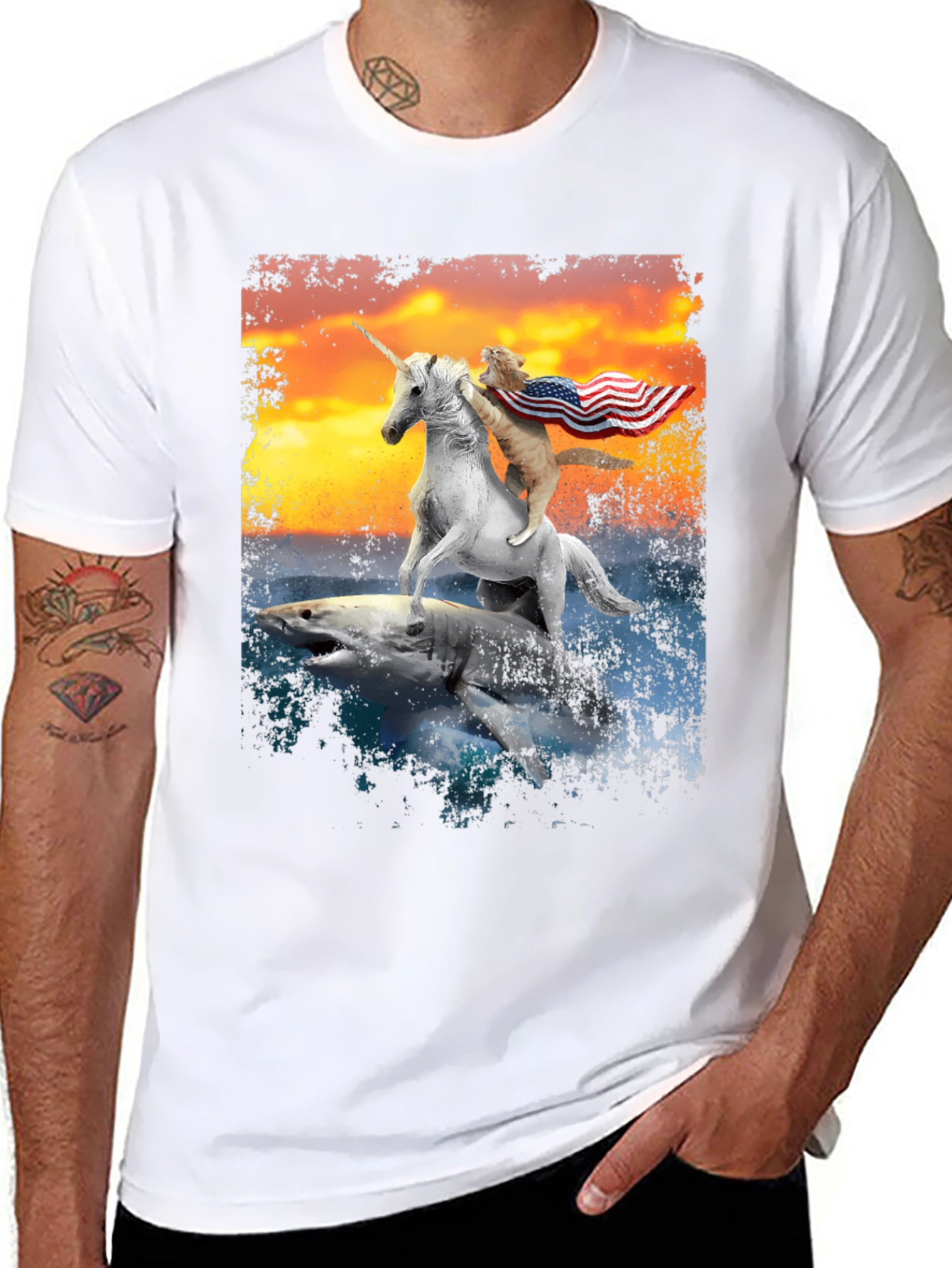 Patriotic Cat Riding Unicorn Shark T-Shirt