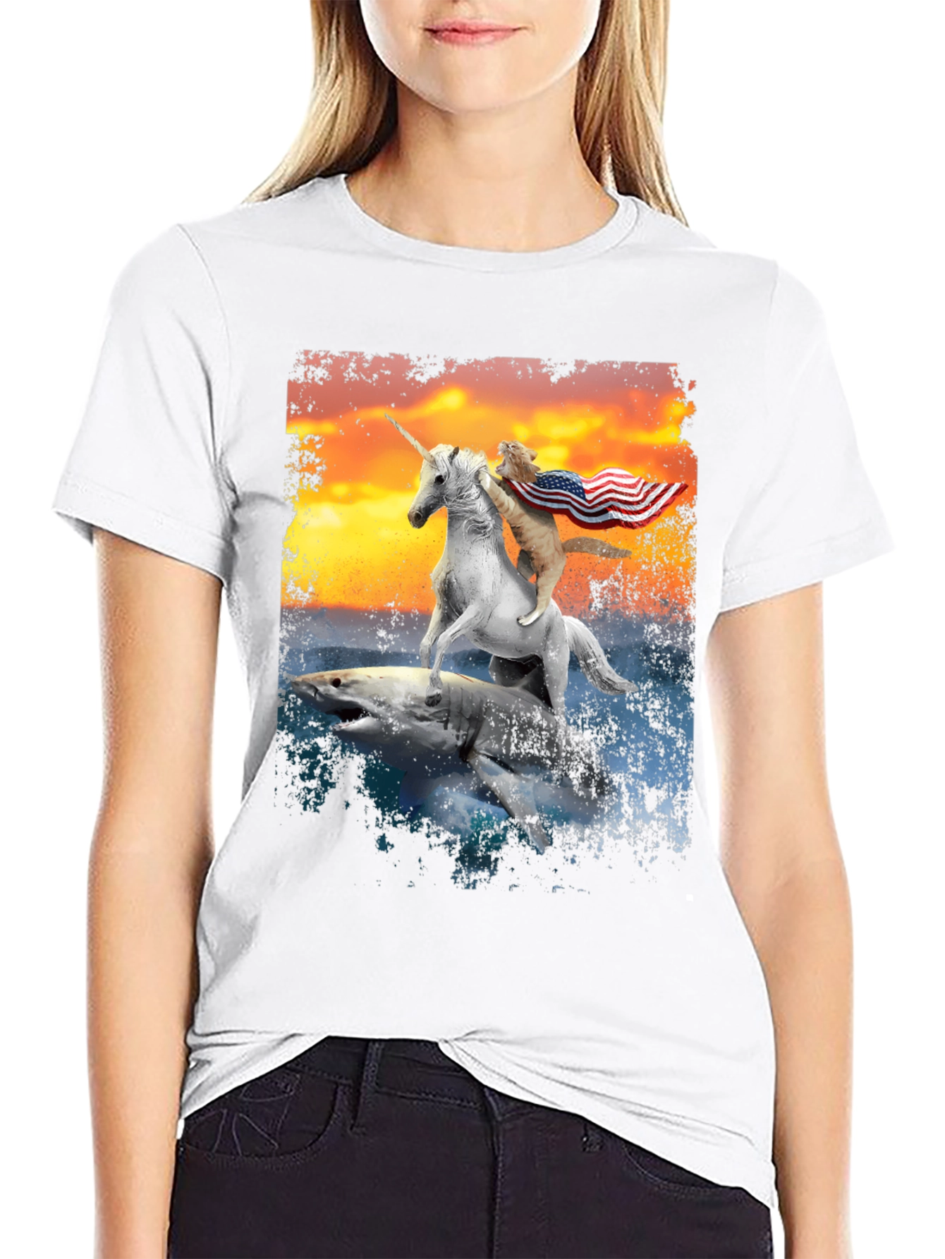 Patriotic Cat Riding Unicorn Shark T-Shirt