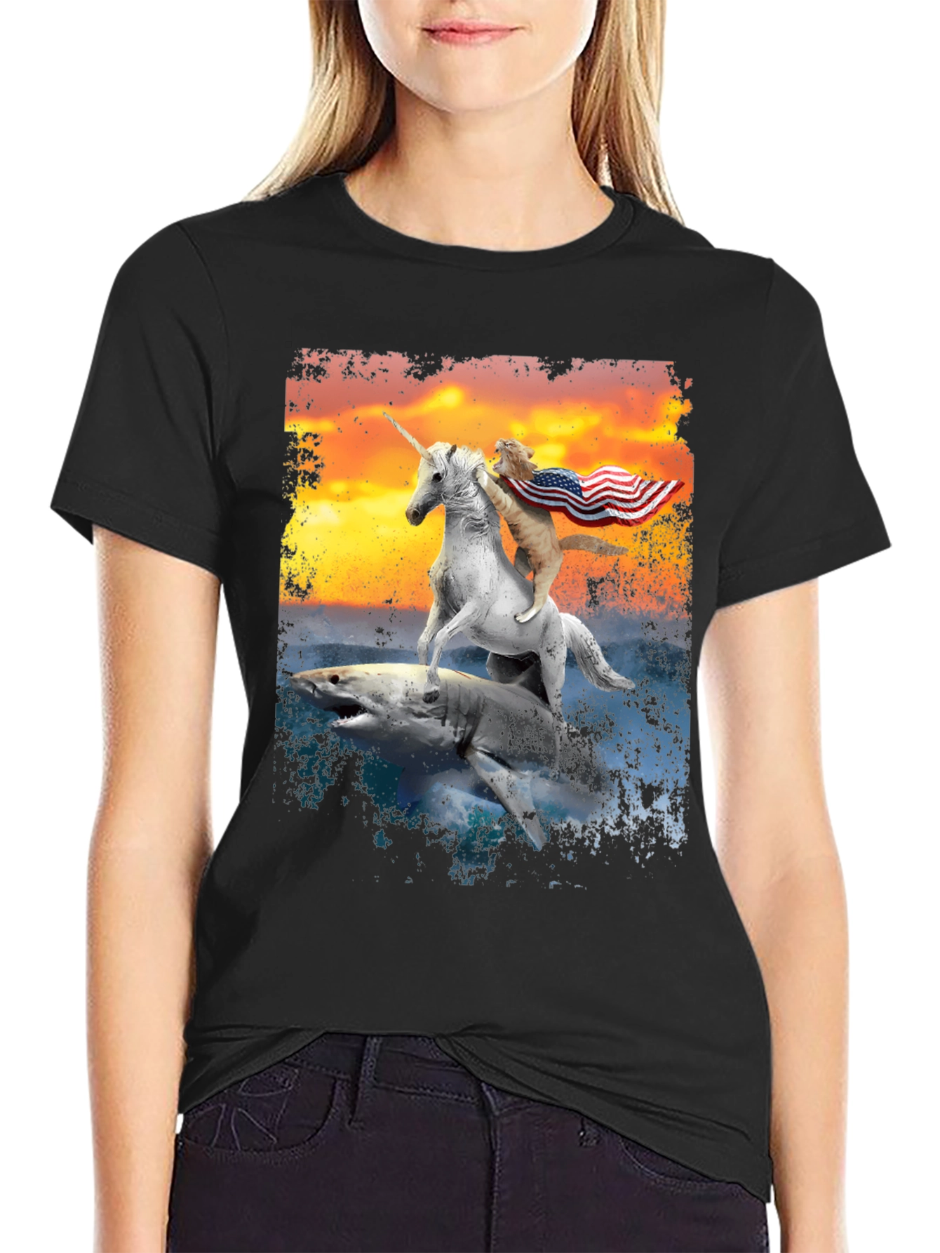 Patriotic Cat Riding Unicorn Shark T-Shirt