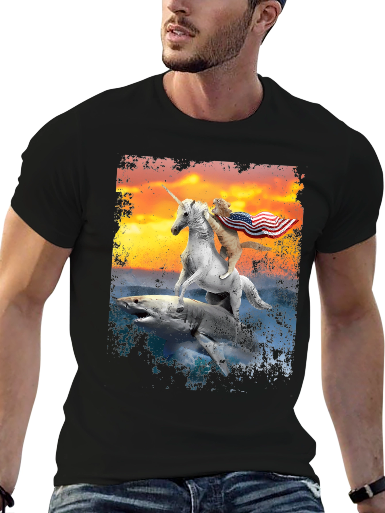 Patriotic Cat Riding Unicorn Shark T-Shirt