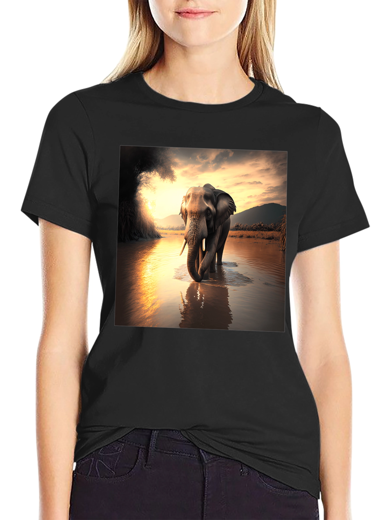 Elephant River T-Shirt - Black Cotton Tee