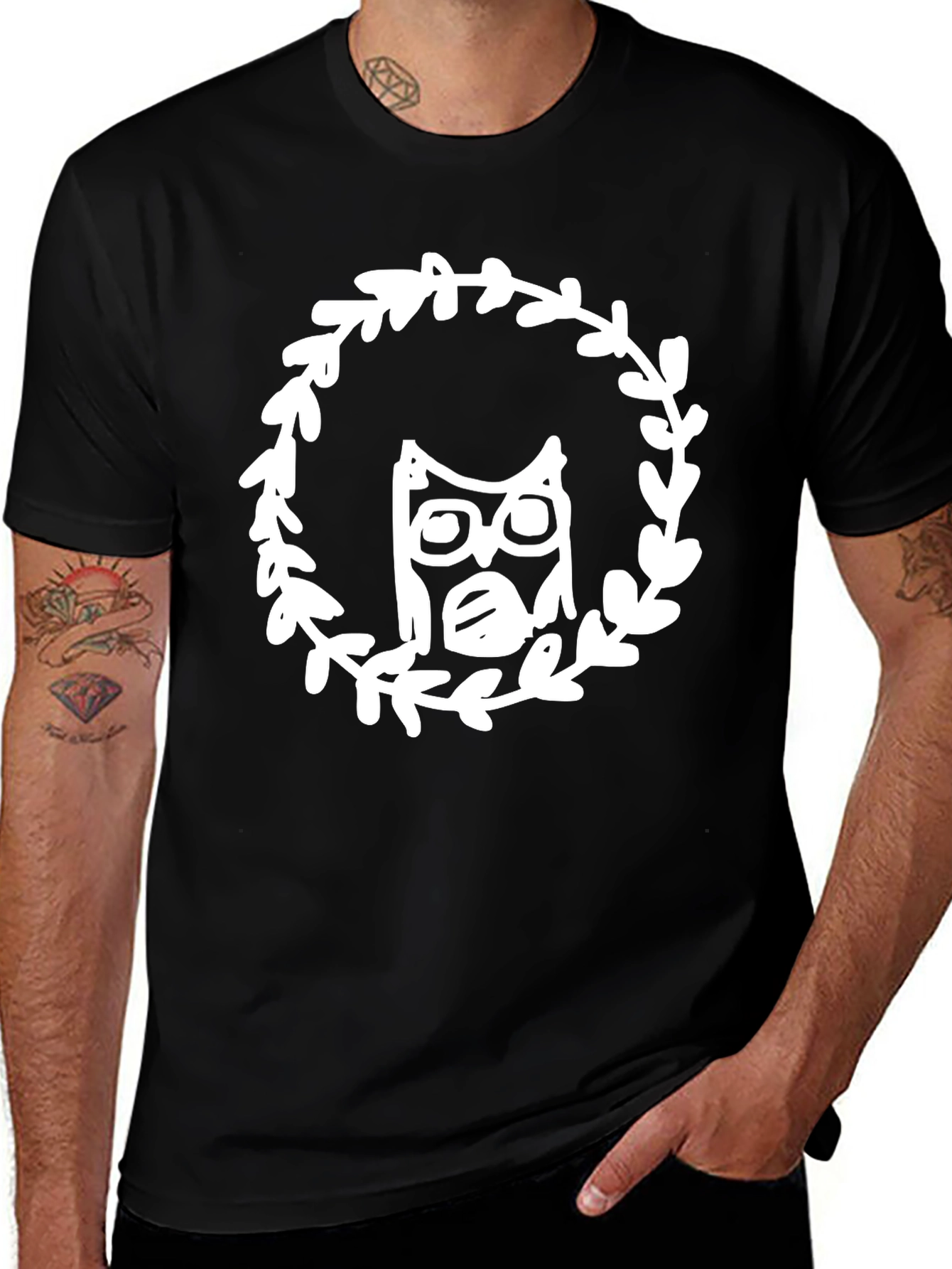 Owl Wreath Graphic Tee - Black Cotton Blend T-Shirt