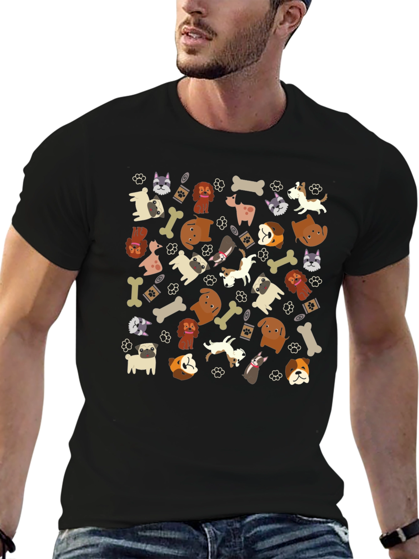 Dog Breed Pattern Black T-Shirt