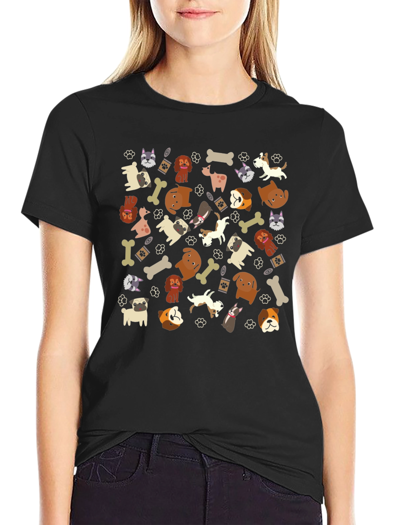 Dog Breed Pattern Black T-Shirt