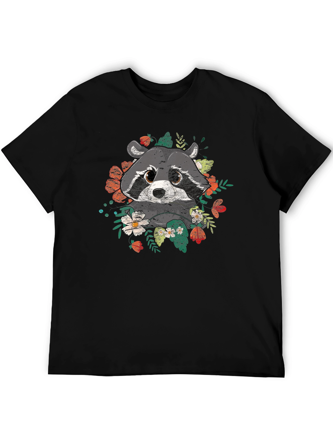 Raccoon Floral Graphic Black T-Shirt