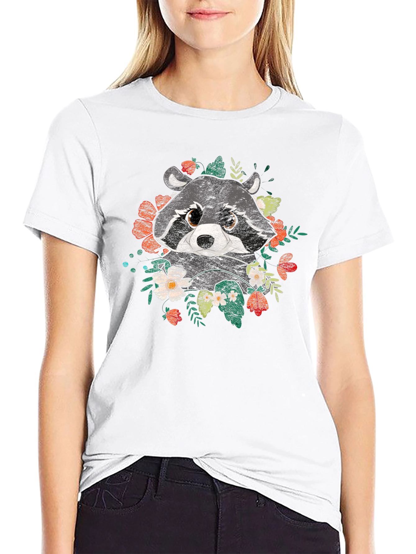 Raccoon Floral Graphic Black T-Shirt
