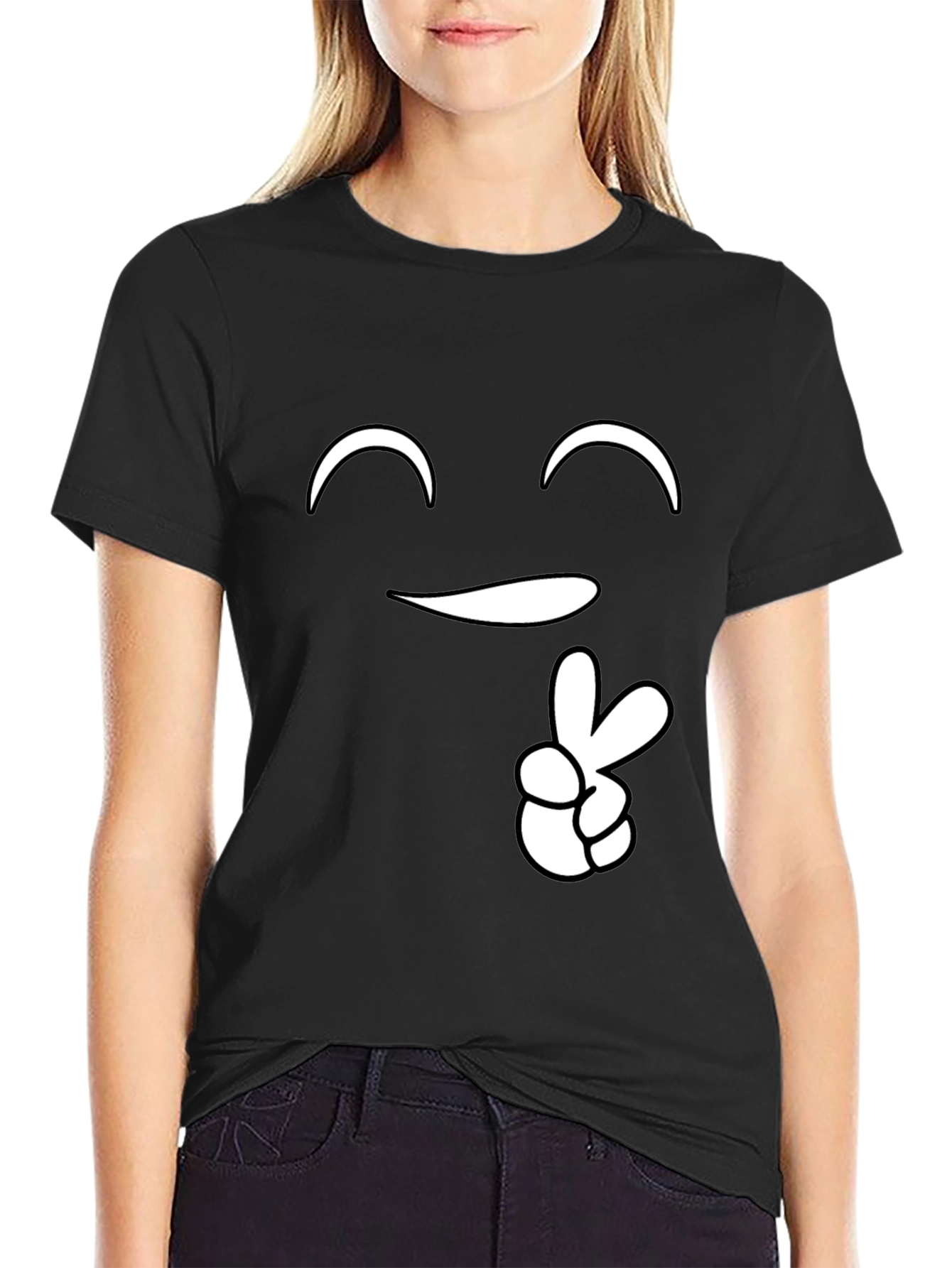 Peace Sign Smiley Face Graphic Tee - Black