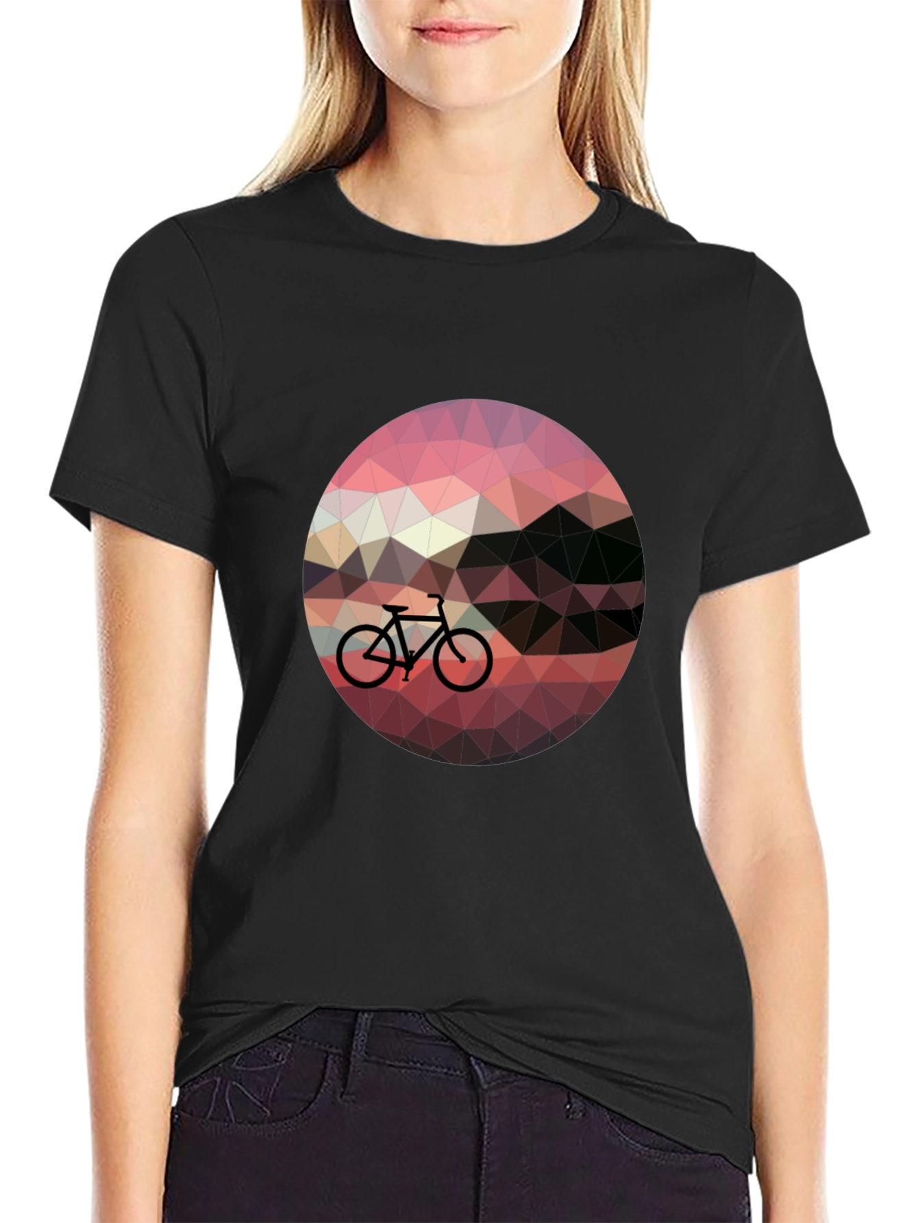 Geometric Bike Sunset Graphic Tee - Black Casual T-Shirt