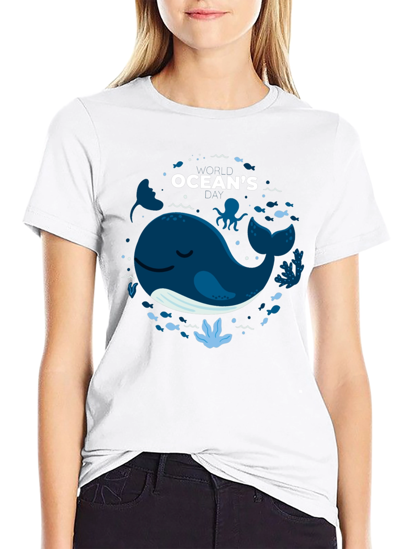 Oceans Whale Graphic Print Black T-Shirt