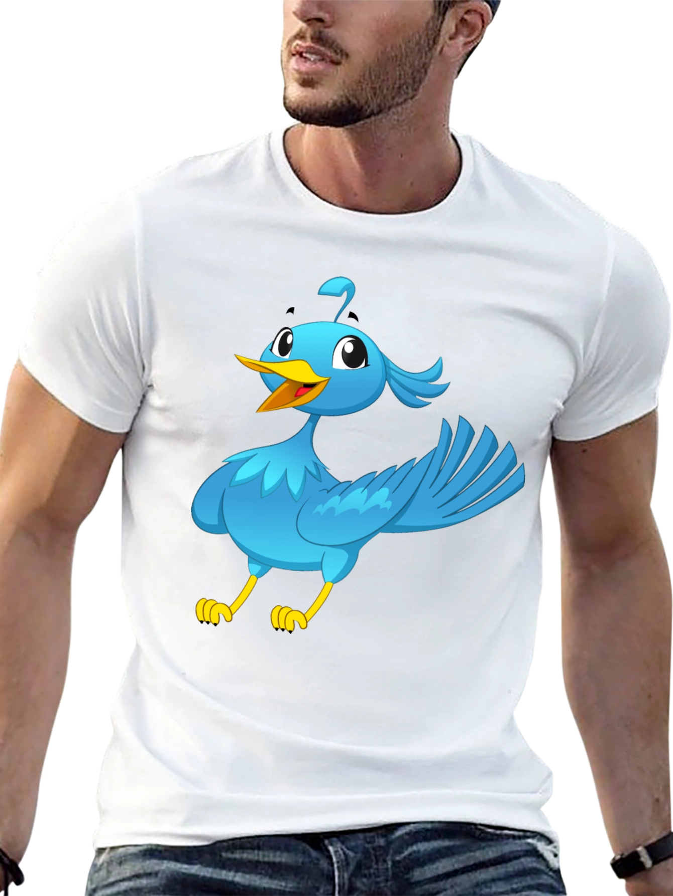 Cartoon Bird Graphic Tee - Black Cotton T-Shirt