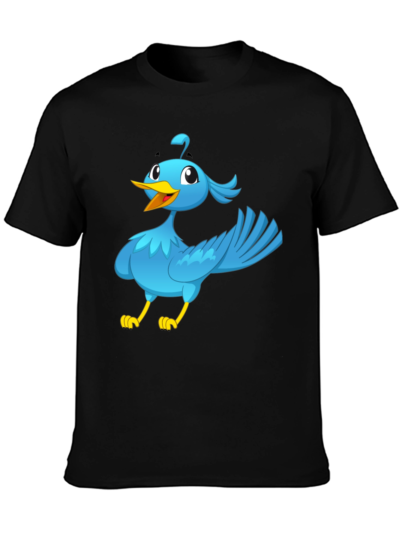 Cartoon Bird Graphic Tee - Black Cotton T-Shirt