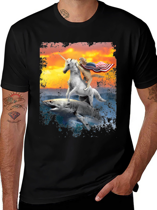 Patriotic Cat Riding Unicorn Shark T-Shirt