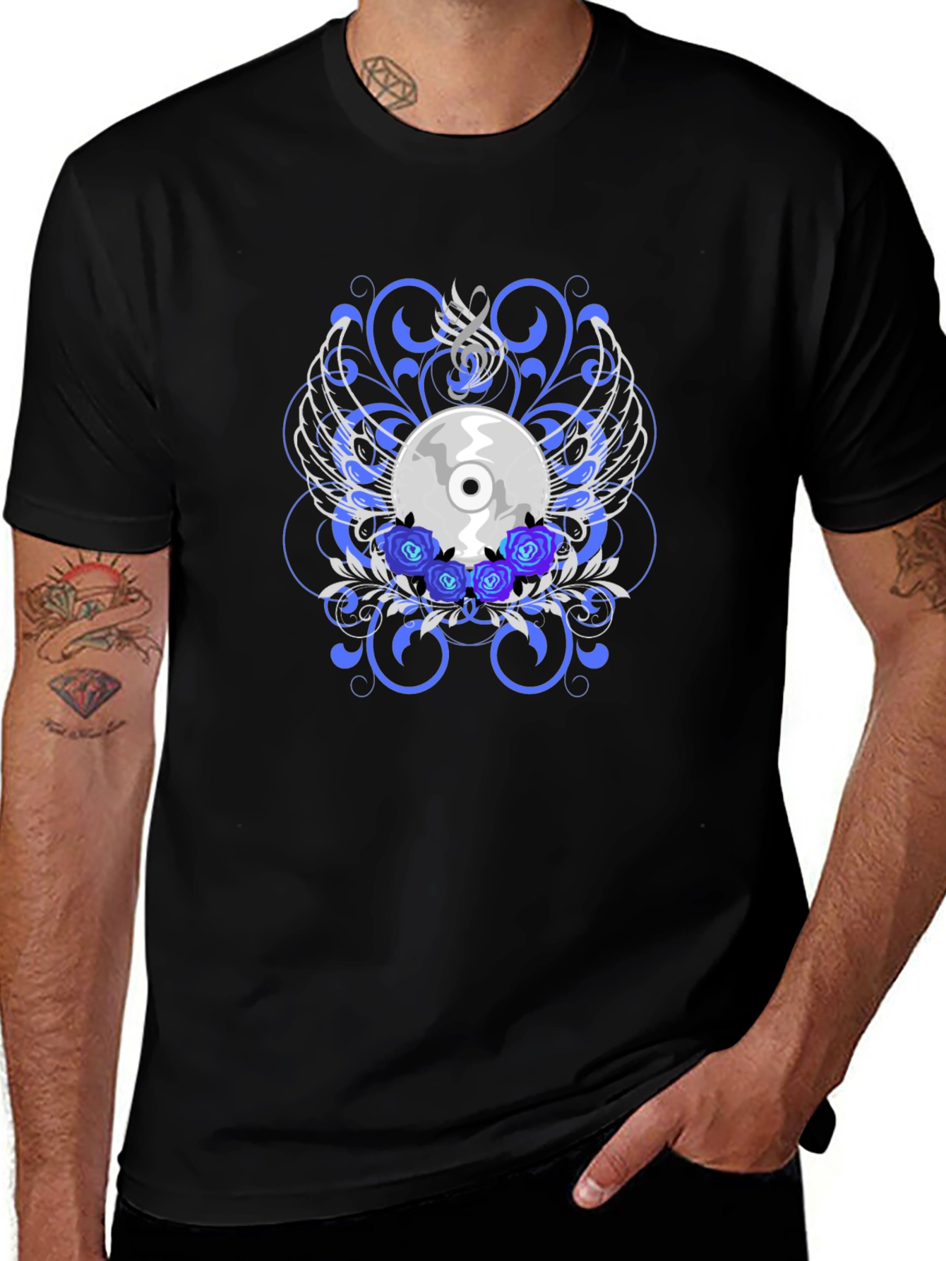 Black CD and Roses Graphic T-Shirt