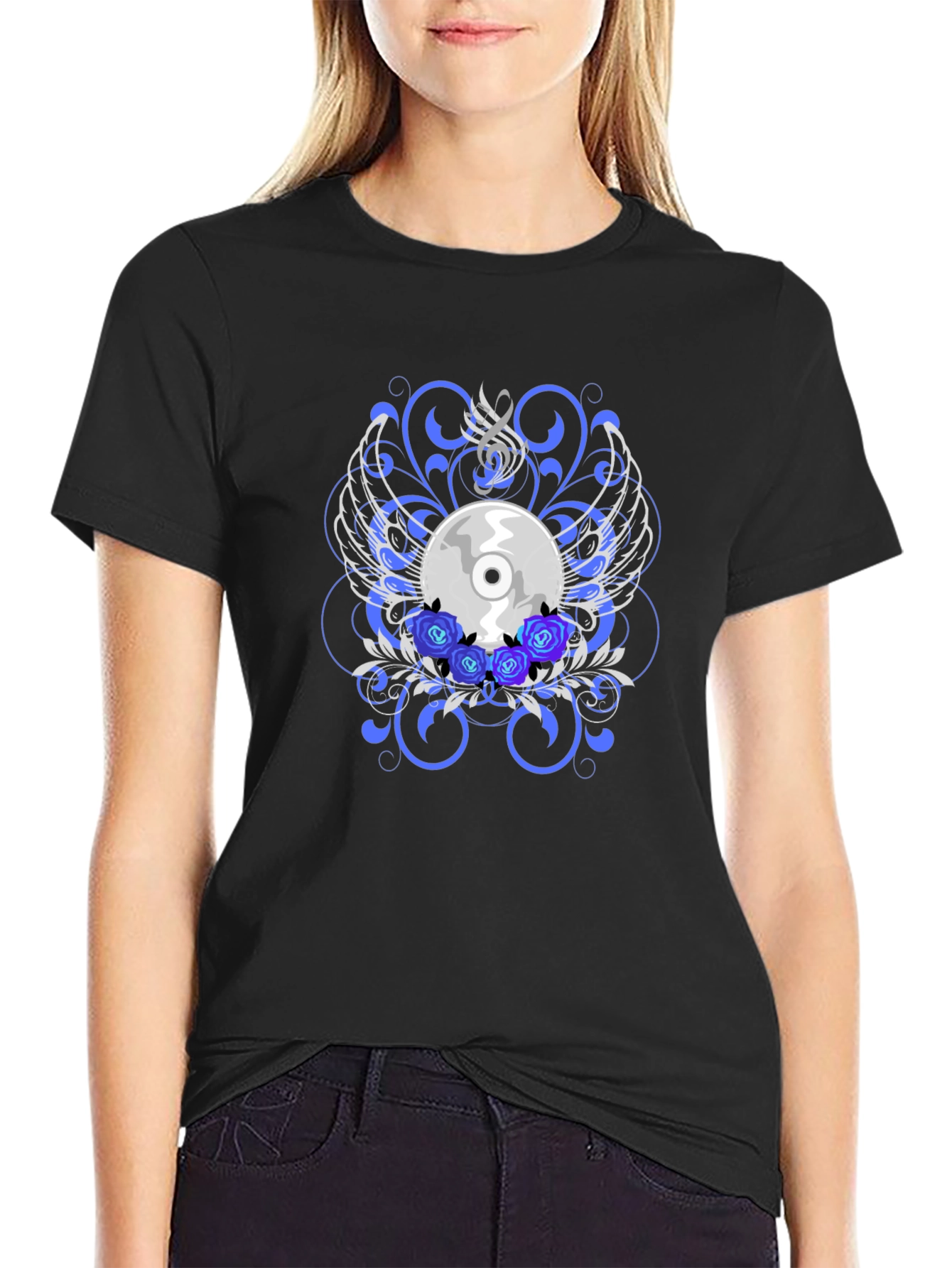 Black CD and Roses Graphic T-Shirt