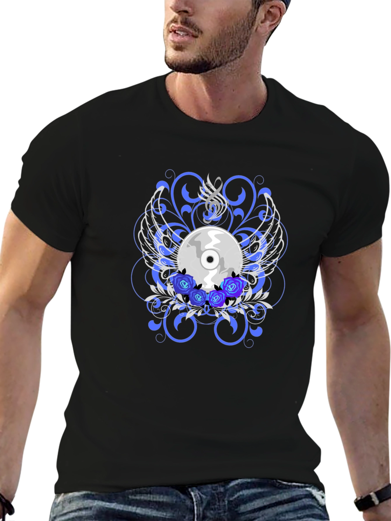 Black CD and Roses Graphic T-Shirt