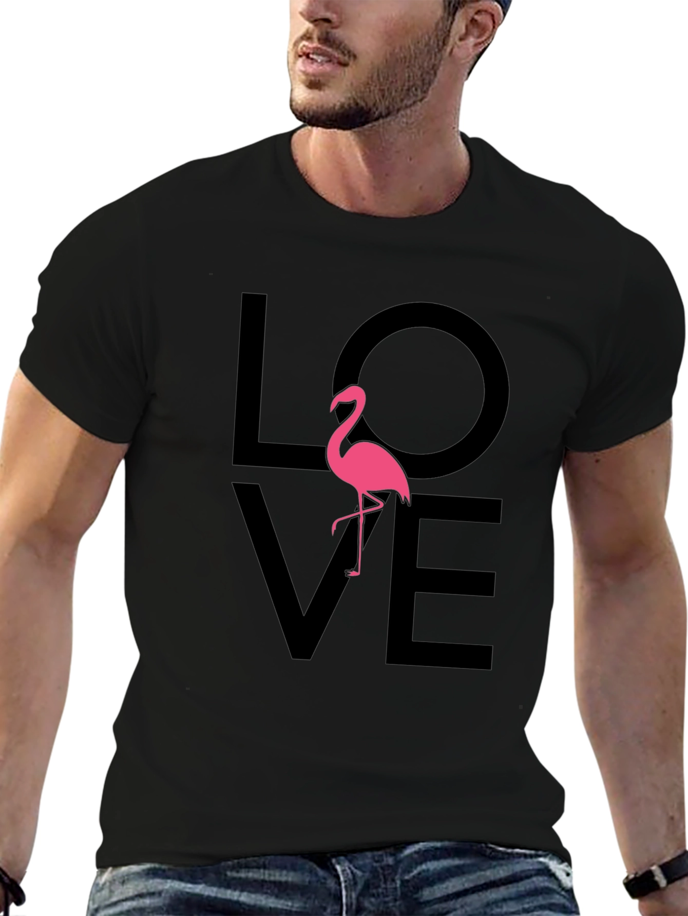 Love Flamingo Graphic Tee - Black Cotton Blend