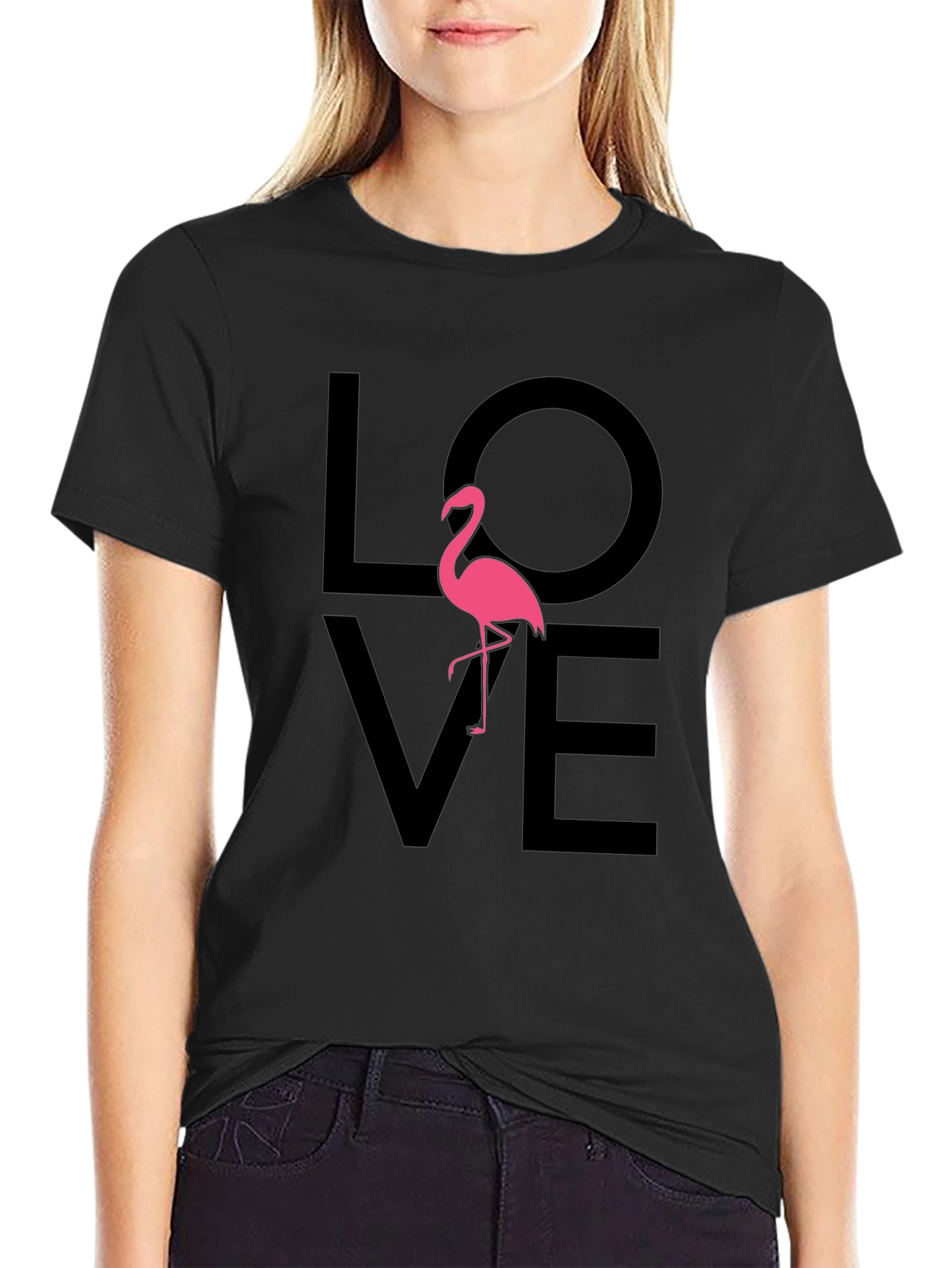 Love Flamingo Graphic Tee - Black Cotton Blend