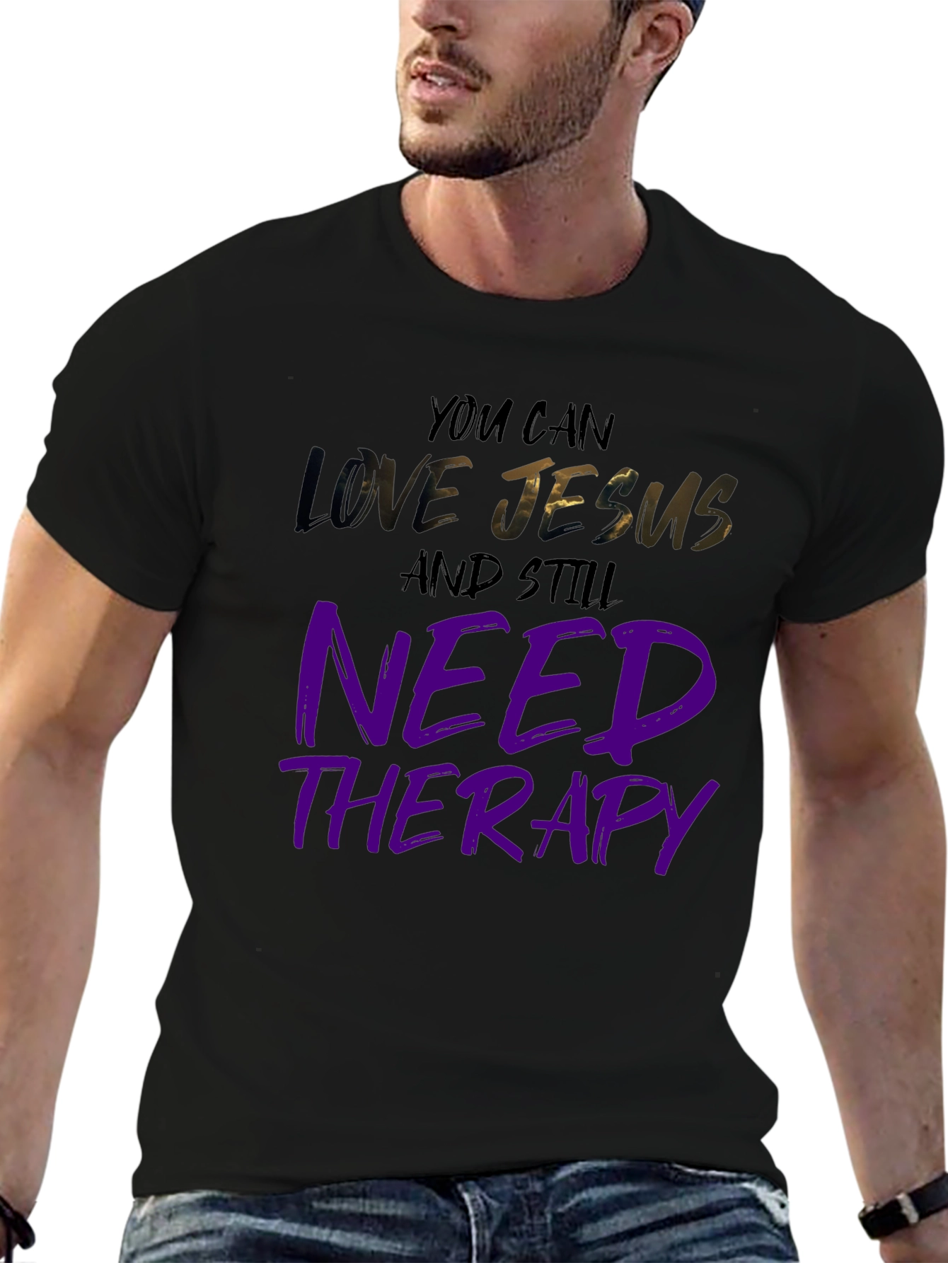 Love Jesus Need Therapy Black Graphic Tee