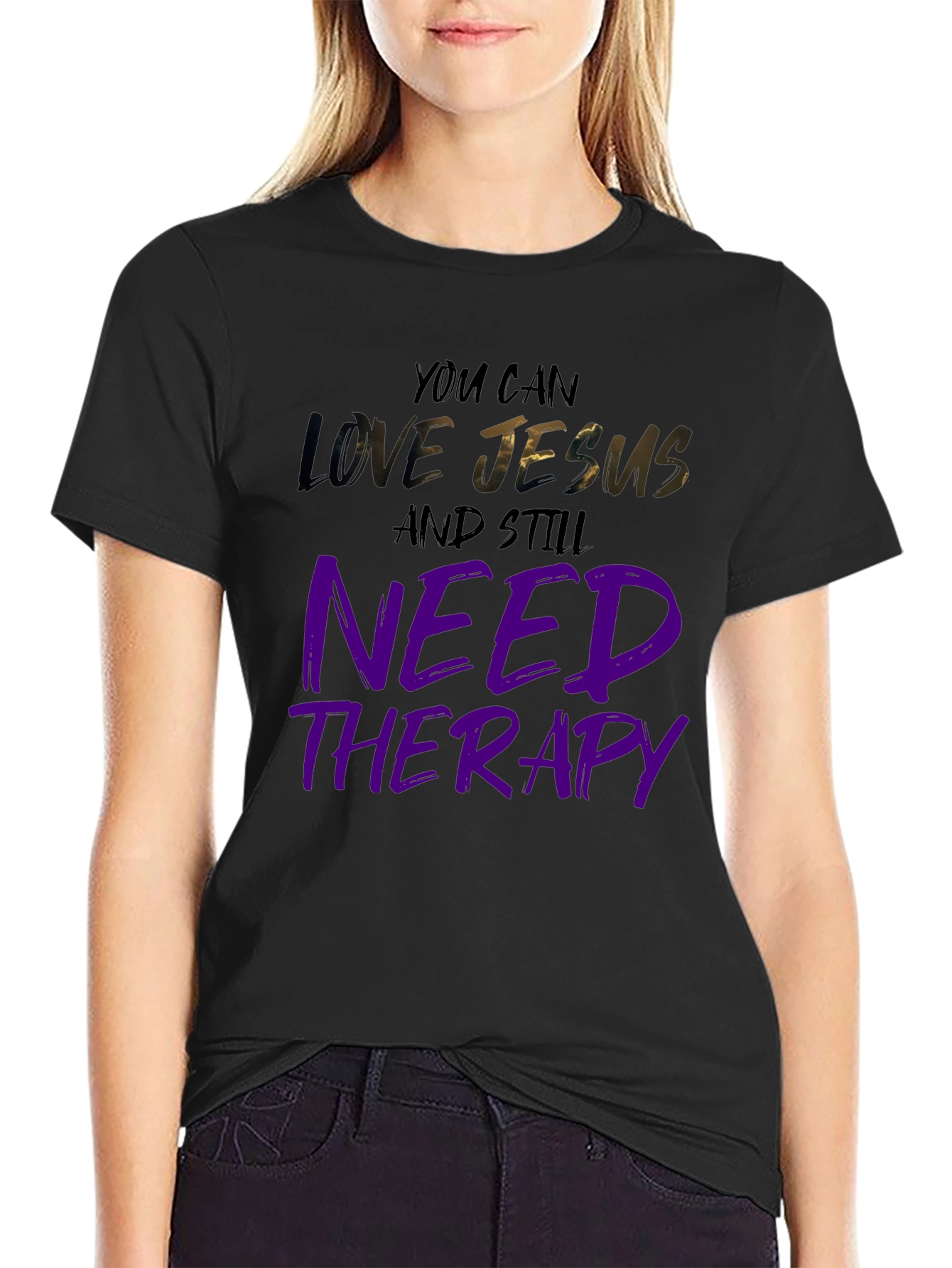 Love Jesus Need Therapy Black Graphic Tee