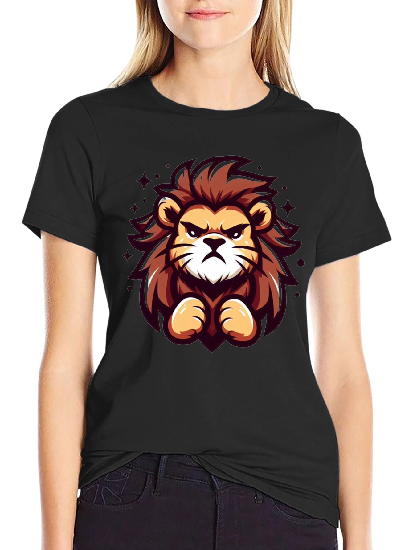Cartoon Lion Graphic Black T-Shirt