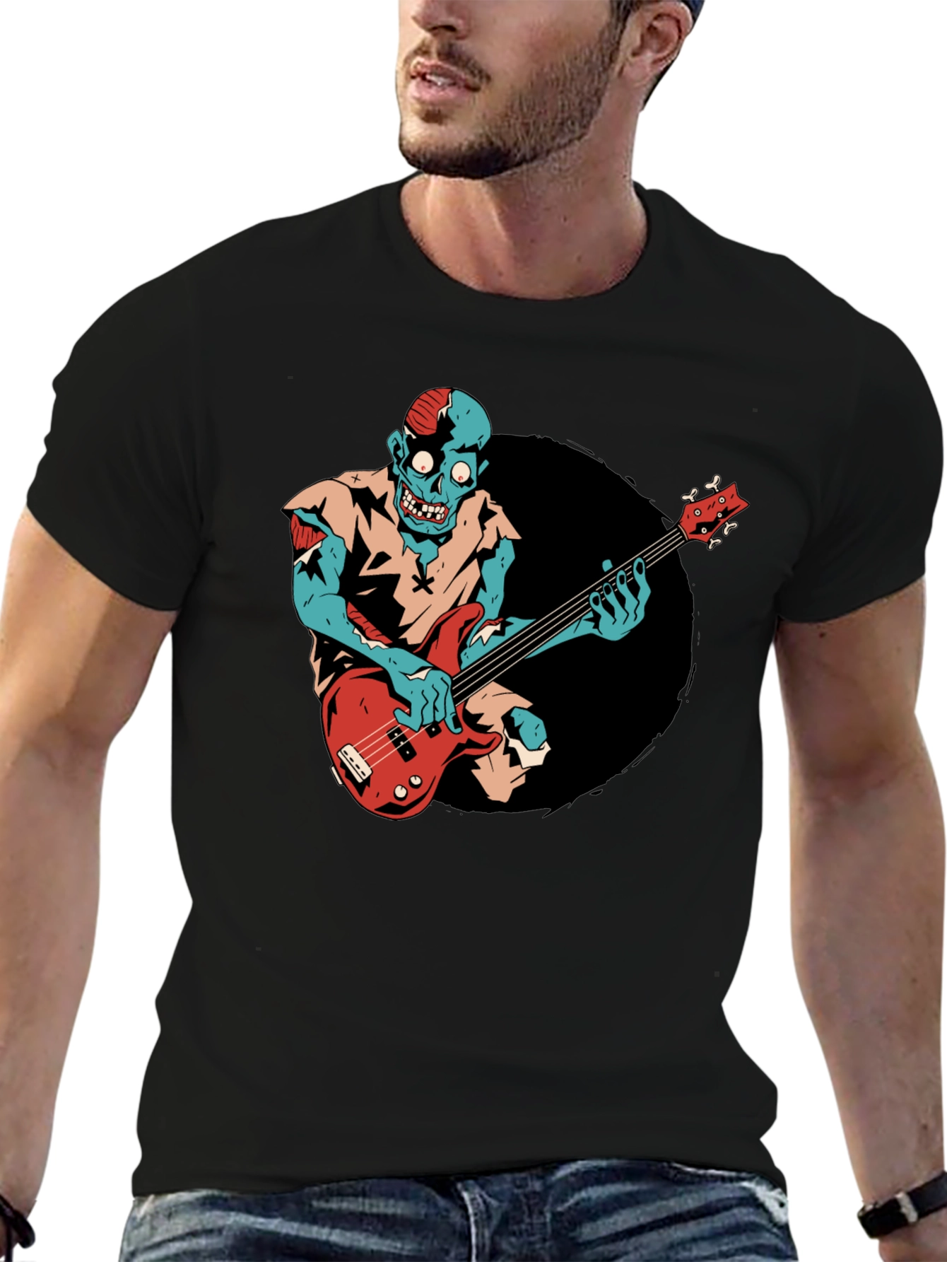 Zombie Bass Player Graphic Tee - Black Cotton T-Shirt