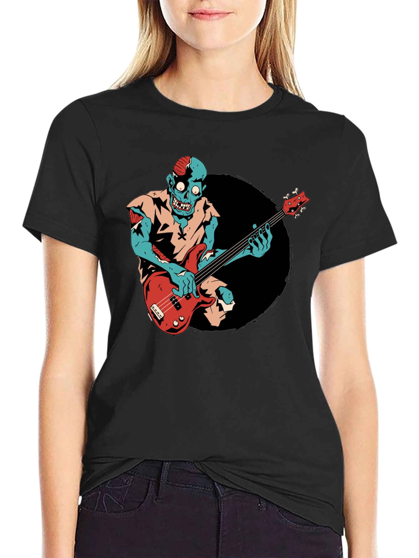 Zombie Bass Player Graphic Tee - Black Cotton T-Shirt