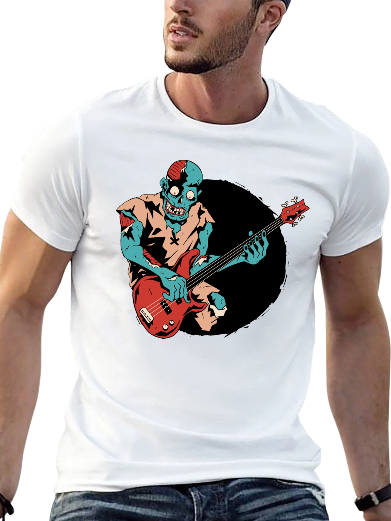 Zombie Bass Player Graphic Tee - Black Cotton T-Shirt