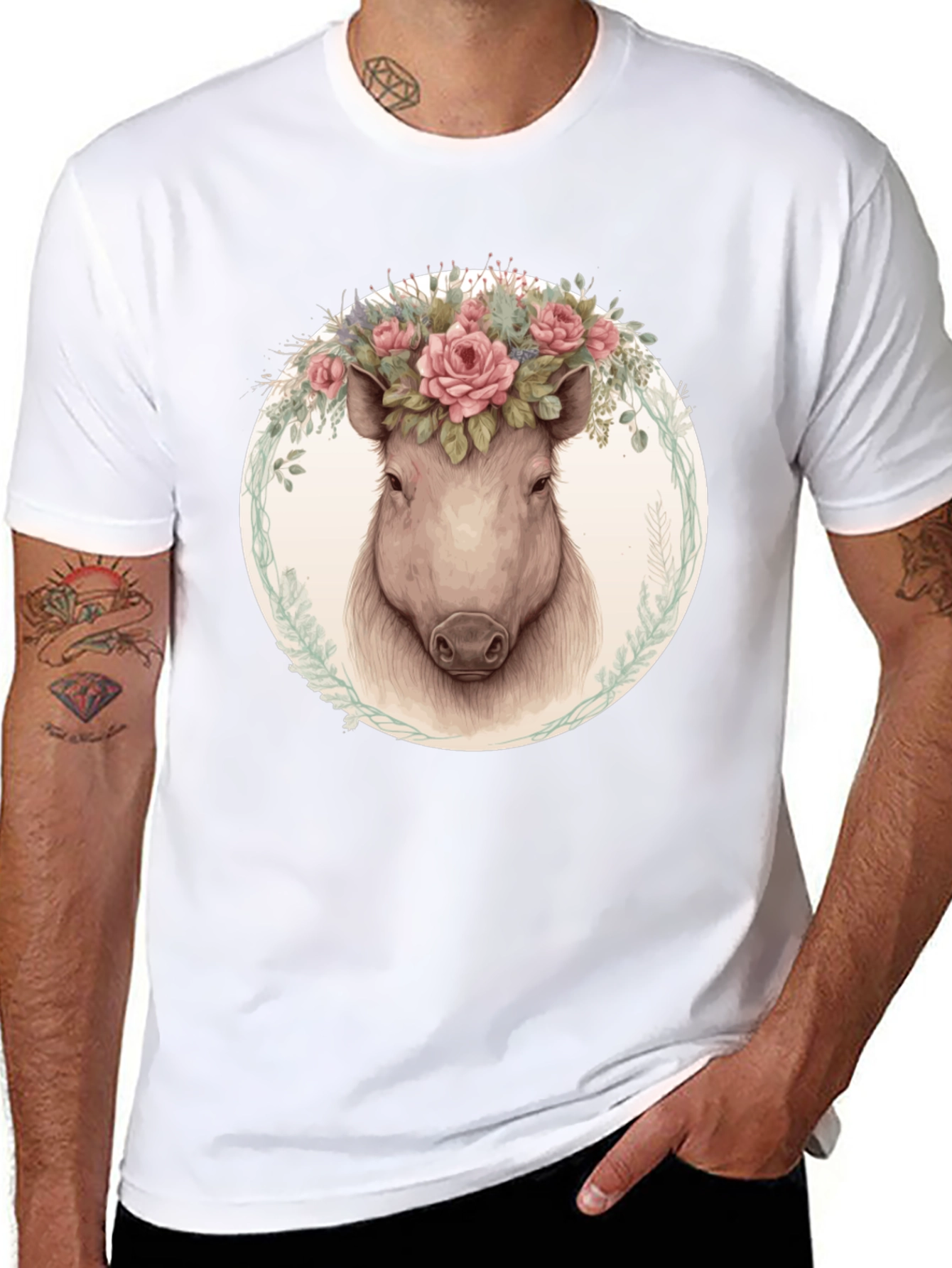 Floral Pig Graphic Tee - Trendy Animal Shirt