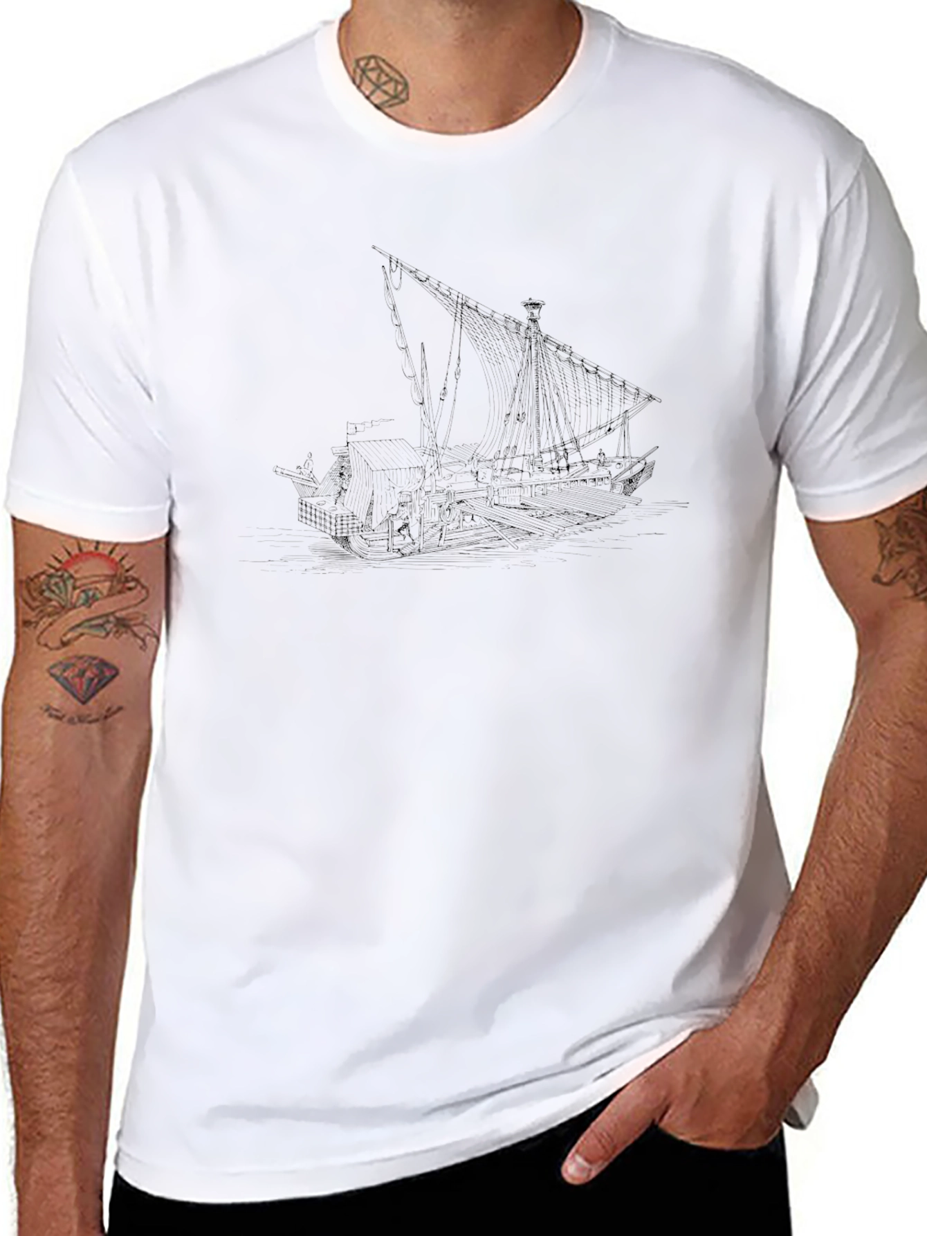 Mens Black T-Shirt with Ship Design