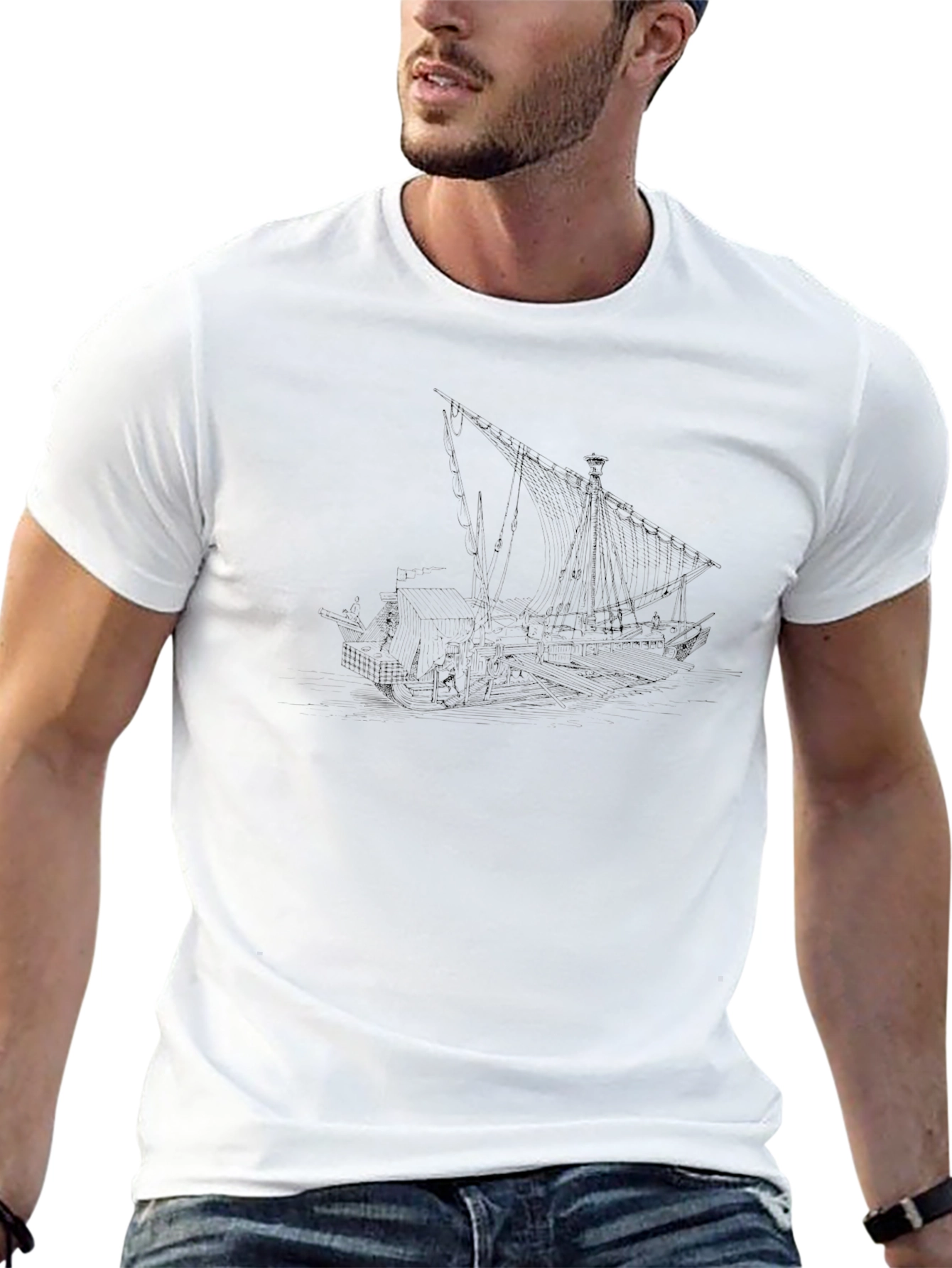 Mens Black T-Shirt with Ship Design