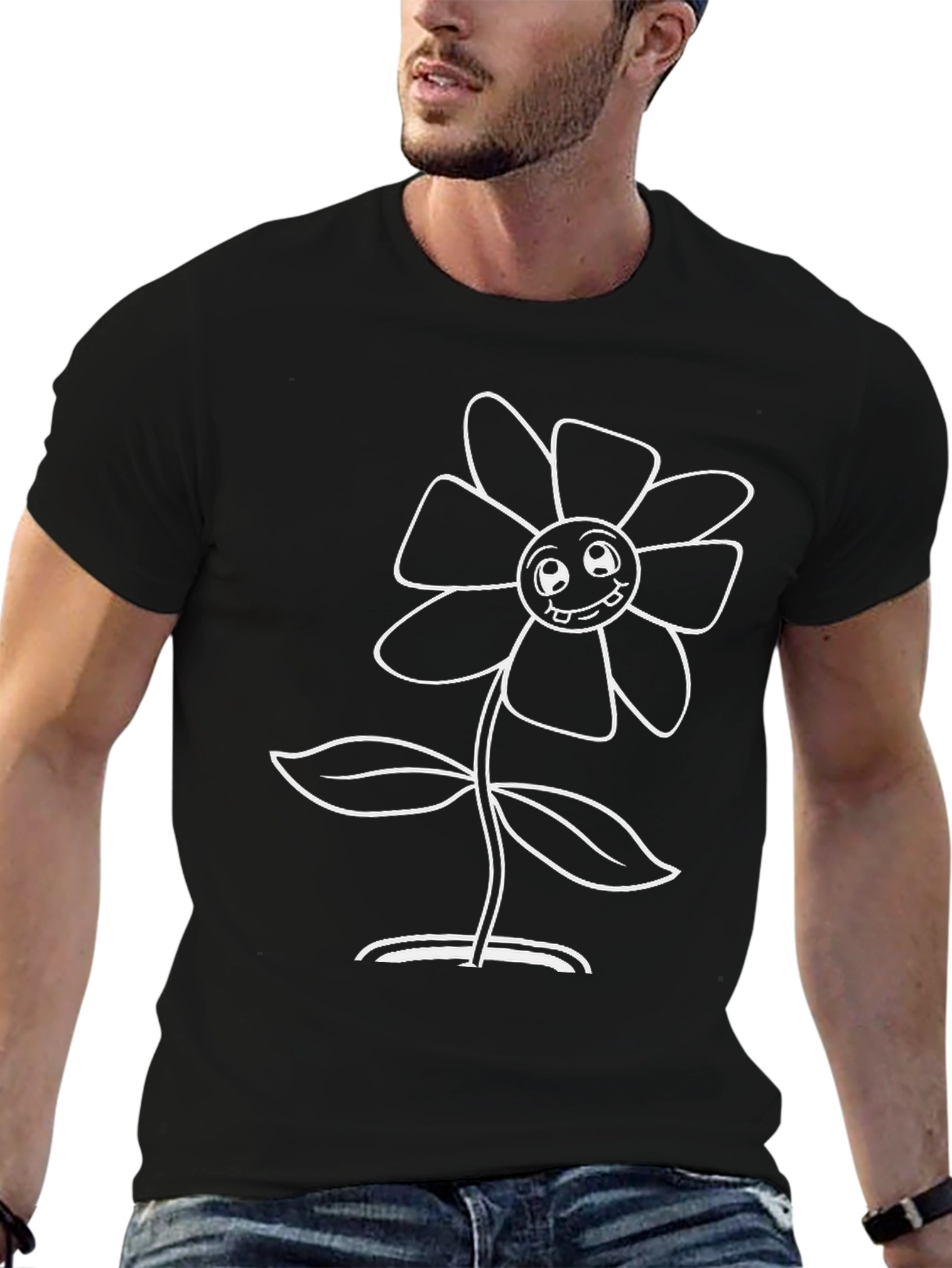 Smiling Flower Graphic Tee - Black Cotton T-Shirt