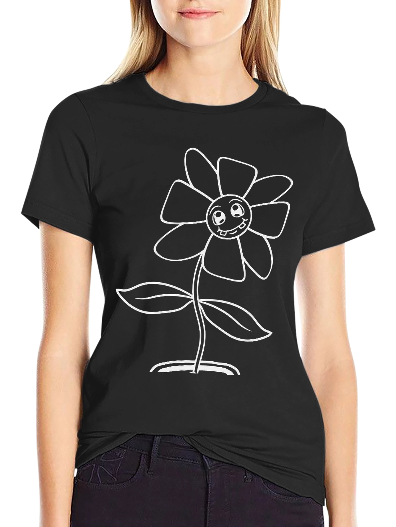 Smiling Flower Graphic Tee - Black Cotton T-Shirt