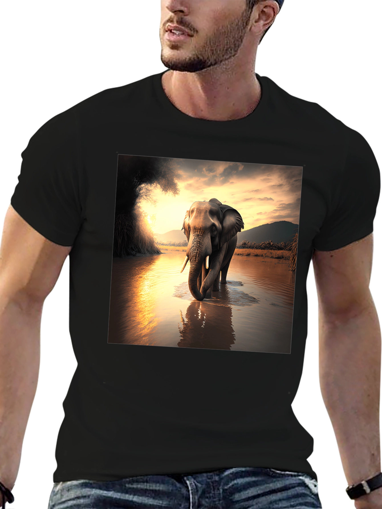 Elephant River T-Shirt - Black Cotton Tee