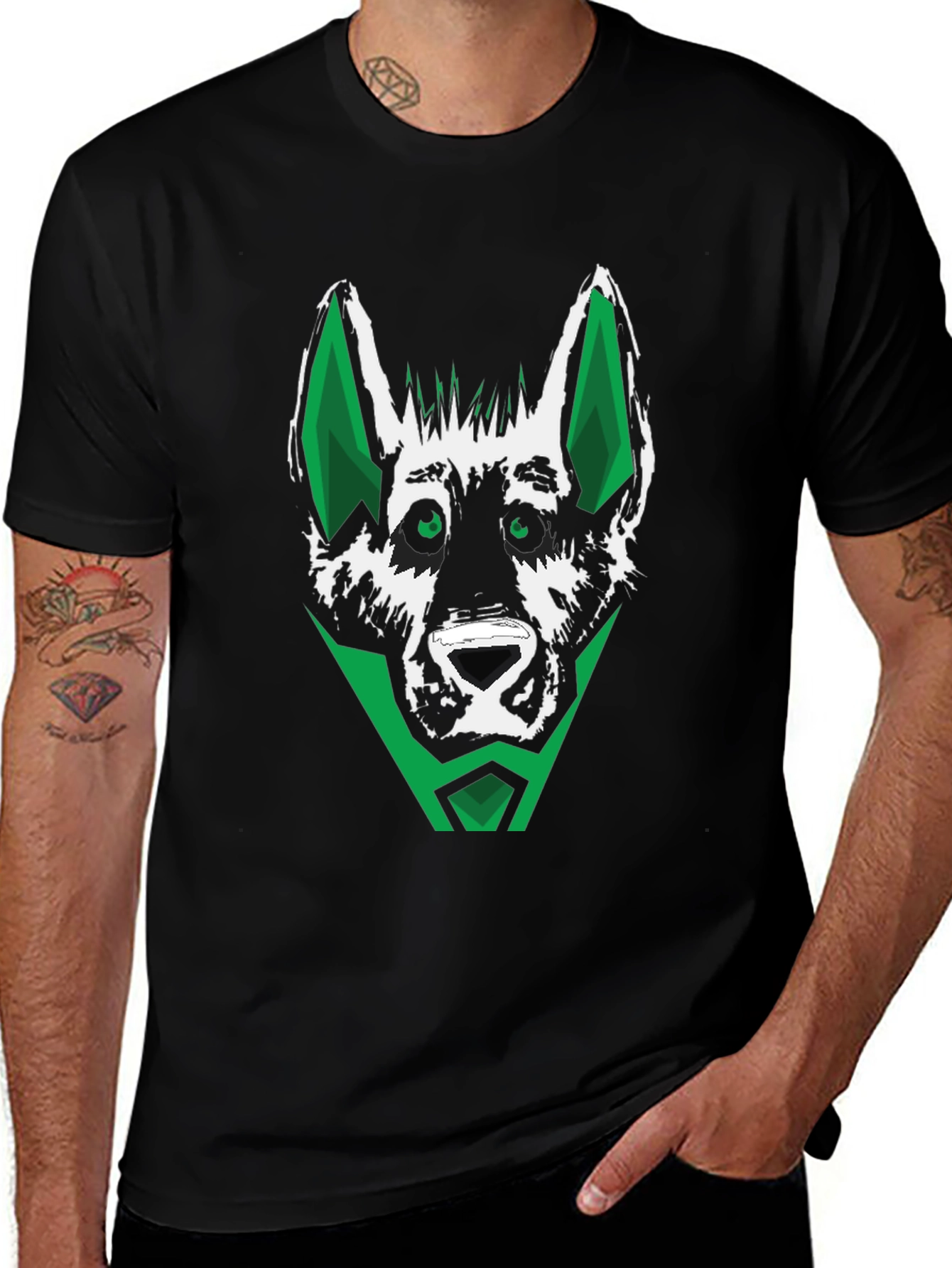 Green Wolf Graphic Tee - Stylish Mens Black T-Shirt