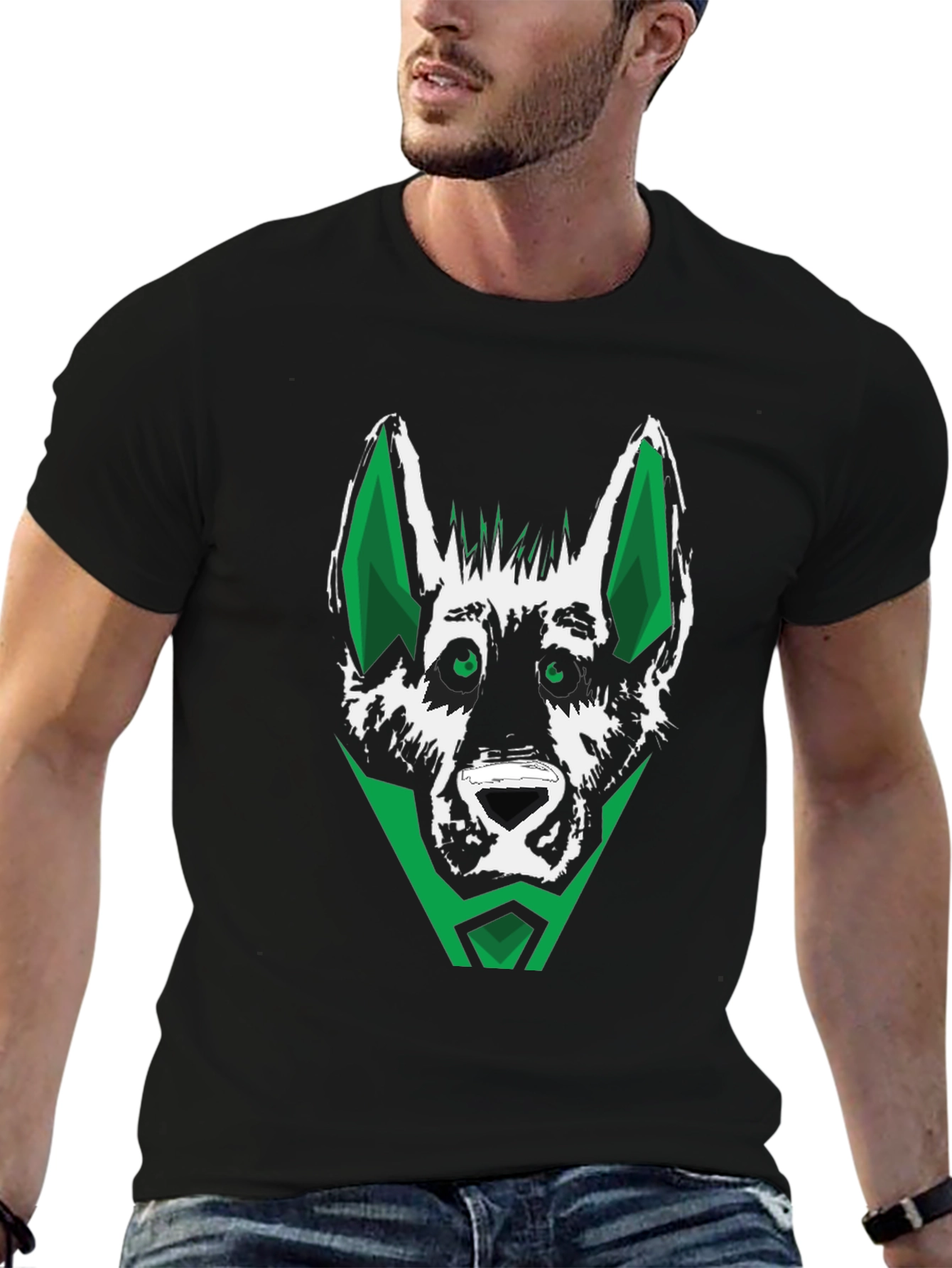 Green Wolf Graphic Tee - Stylish Mens Black T-Shirt