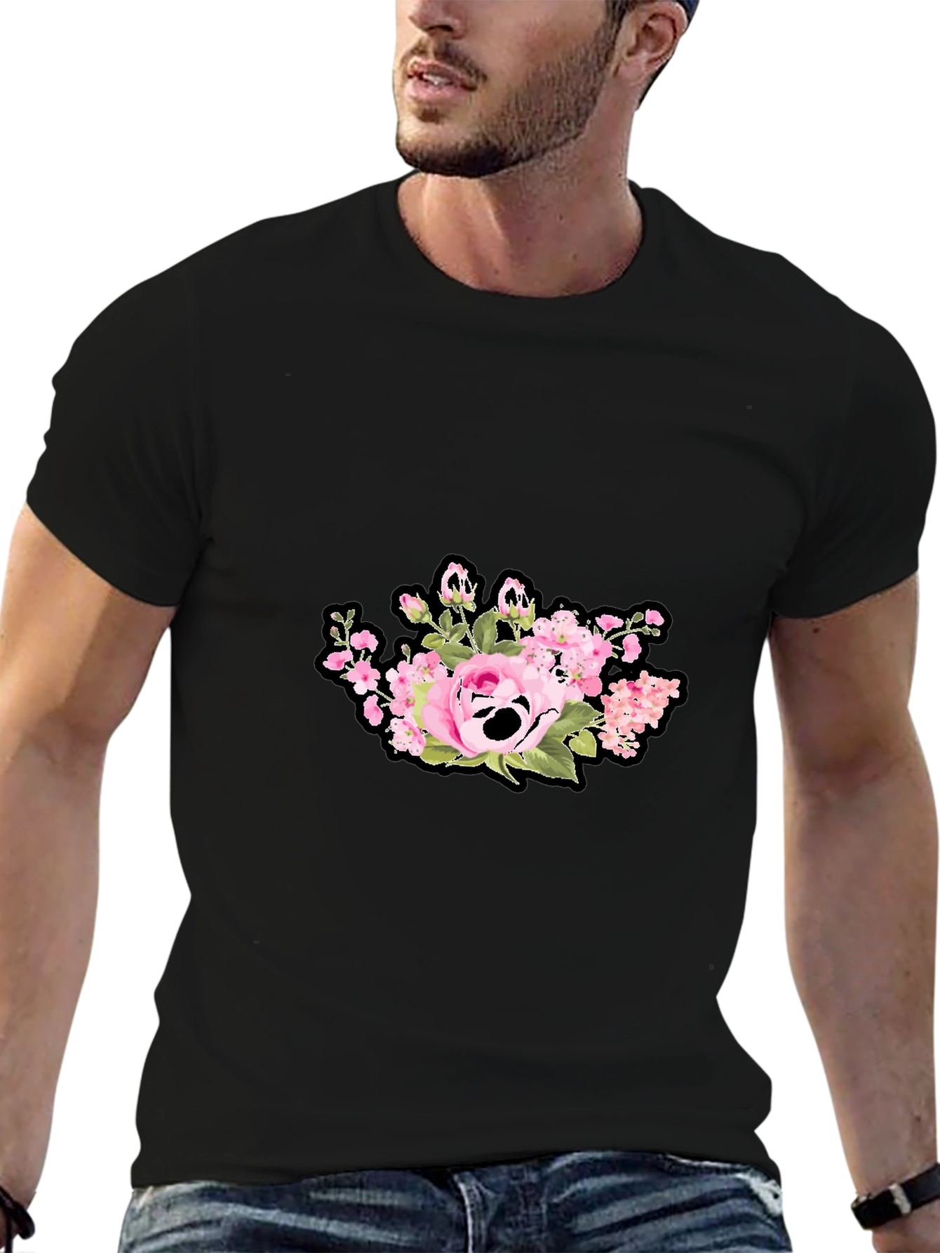 Floral Skull Graphic Print Black T-Shirt