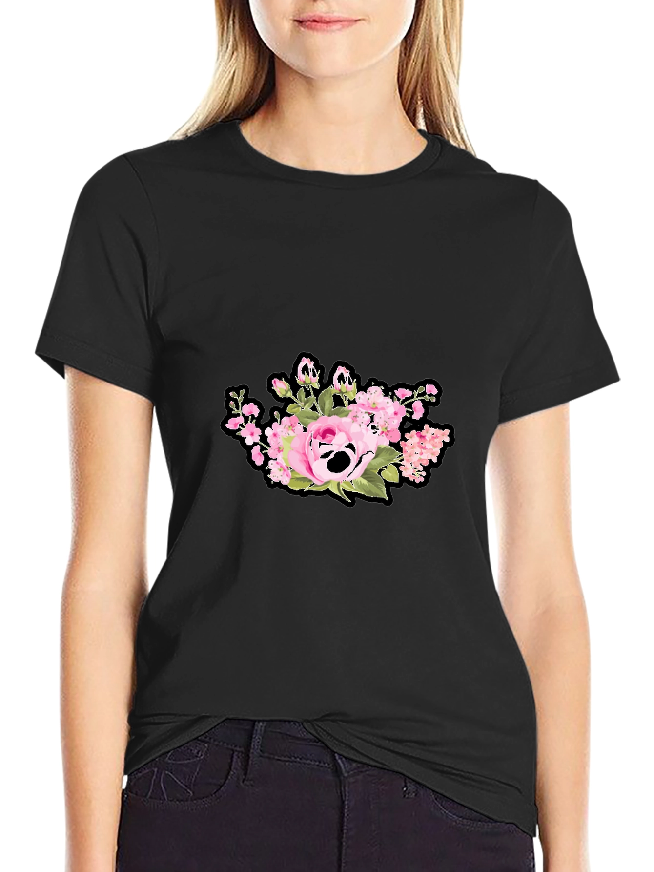 Floral Skull Graphic Print Black T-Shirt