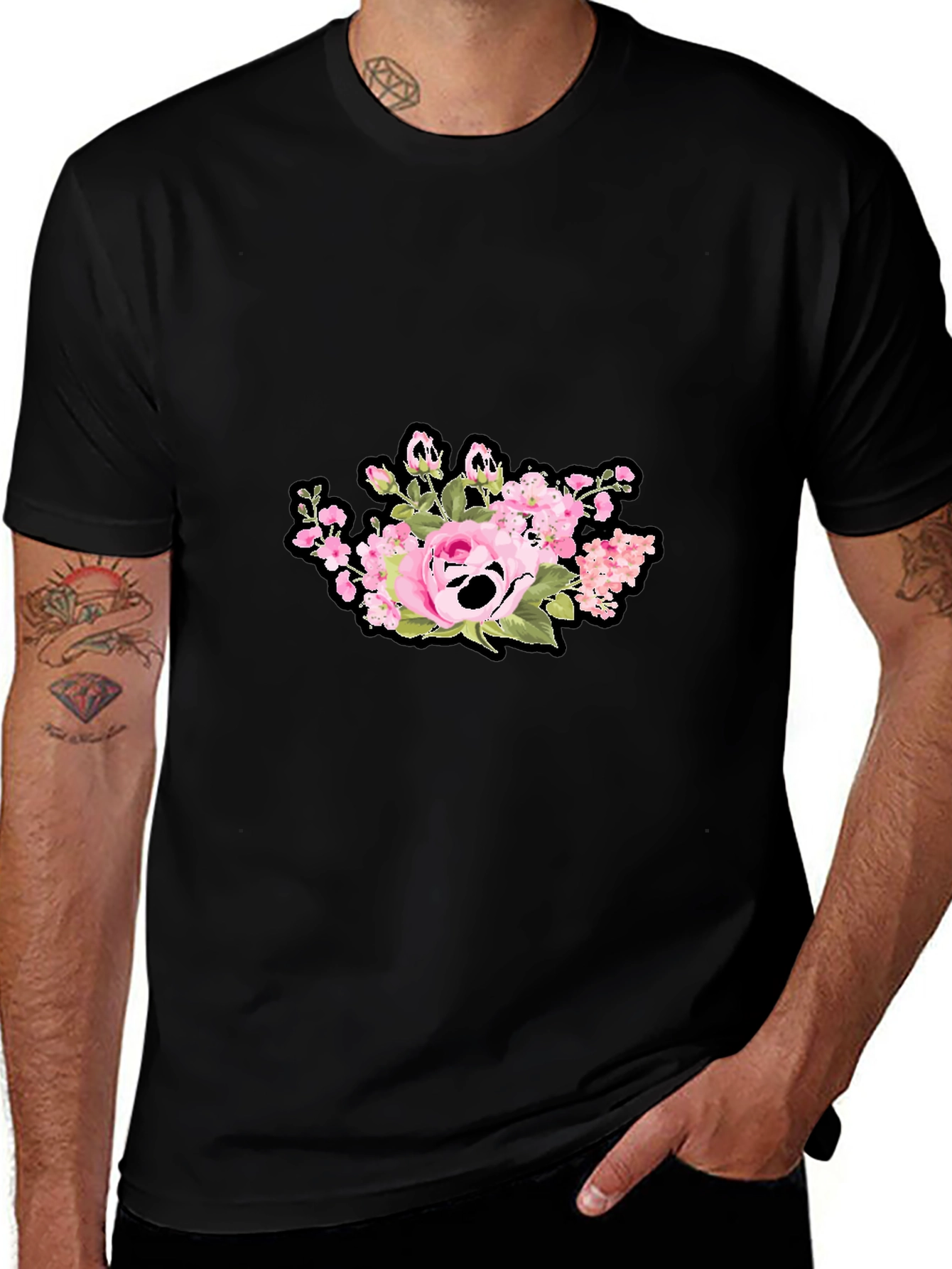 Floral Skull Graphic Print Black T-Shirt