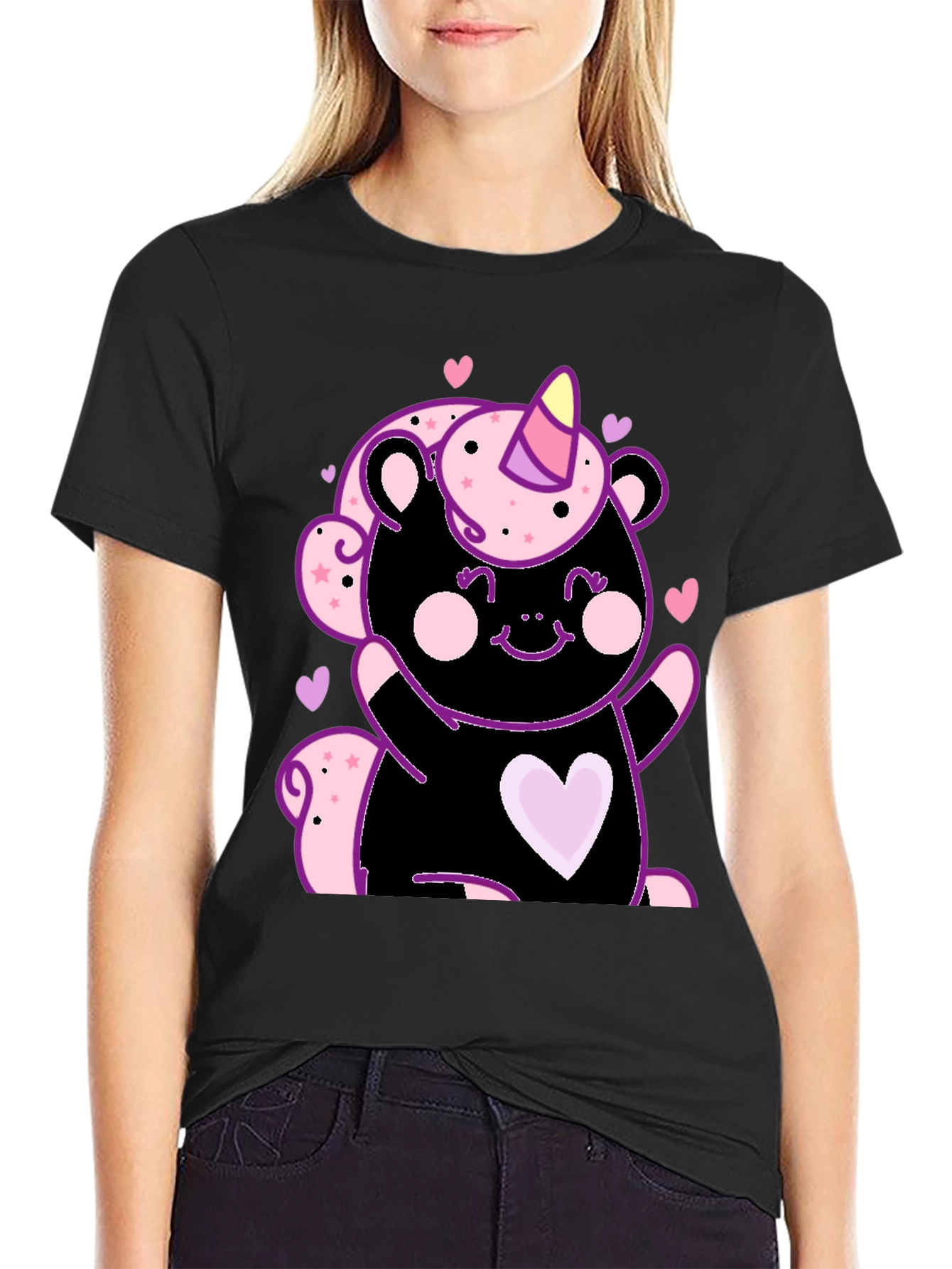 Cute Unicorn Bear Black Graphic Tee