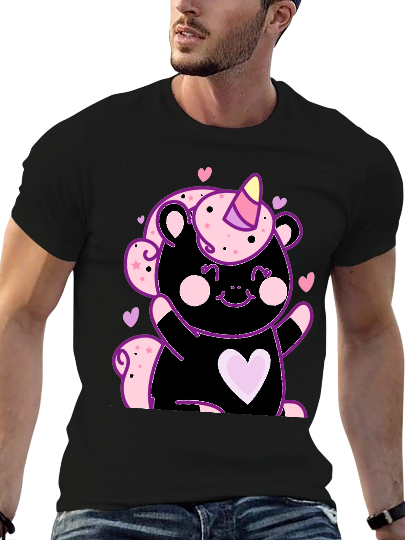 Cute Unicorn Bear Black Graphic Tee