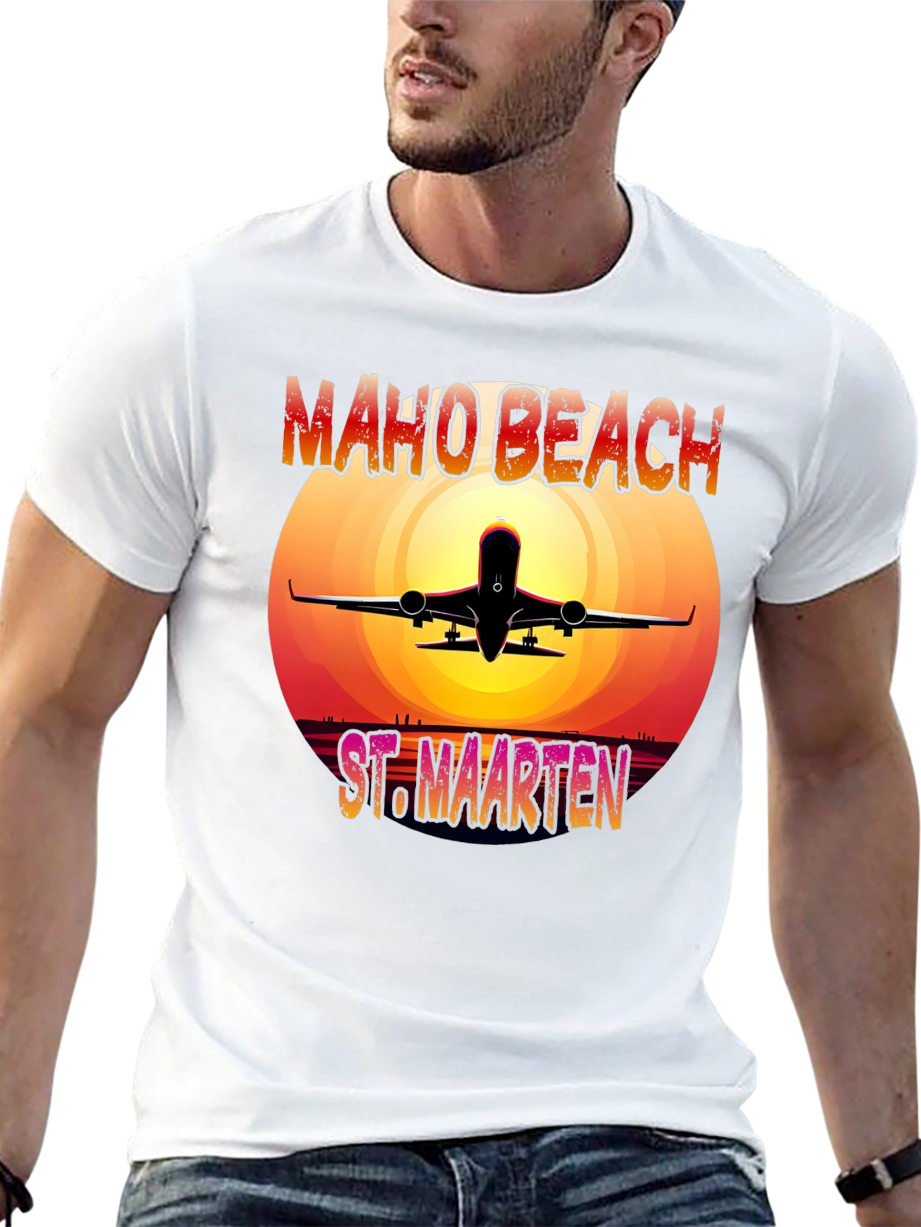 Maho Beach St. Maarten T-Shirt Airplane Sunset Vacation Tee