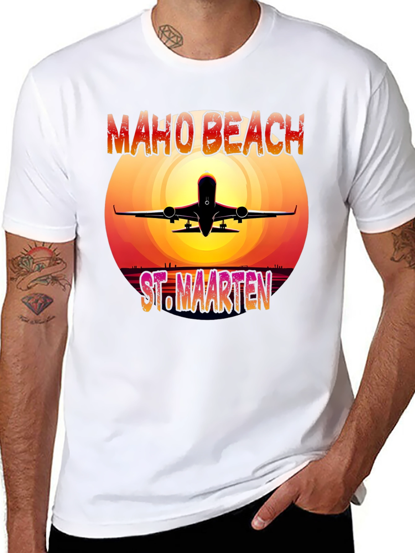 Maho Beach St. Maarten T-Shirt Airplane Sunset Vacation Tee