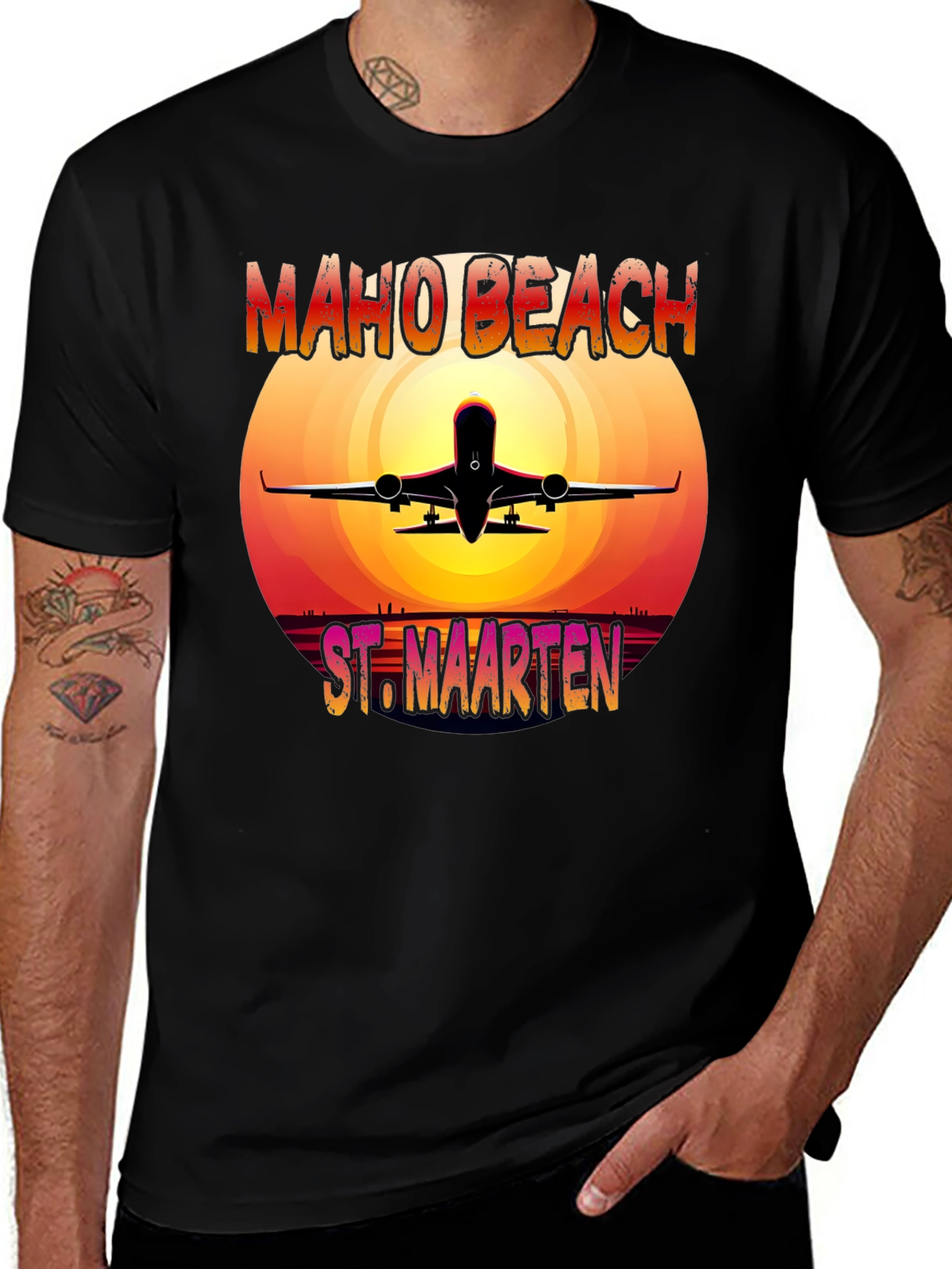 Maho Beach St. Maarten T-Shirt Airplane Sunset Vacation Tee