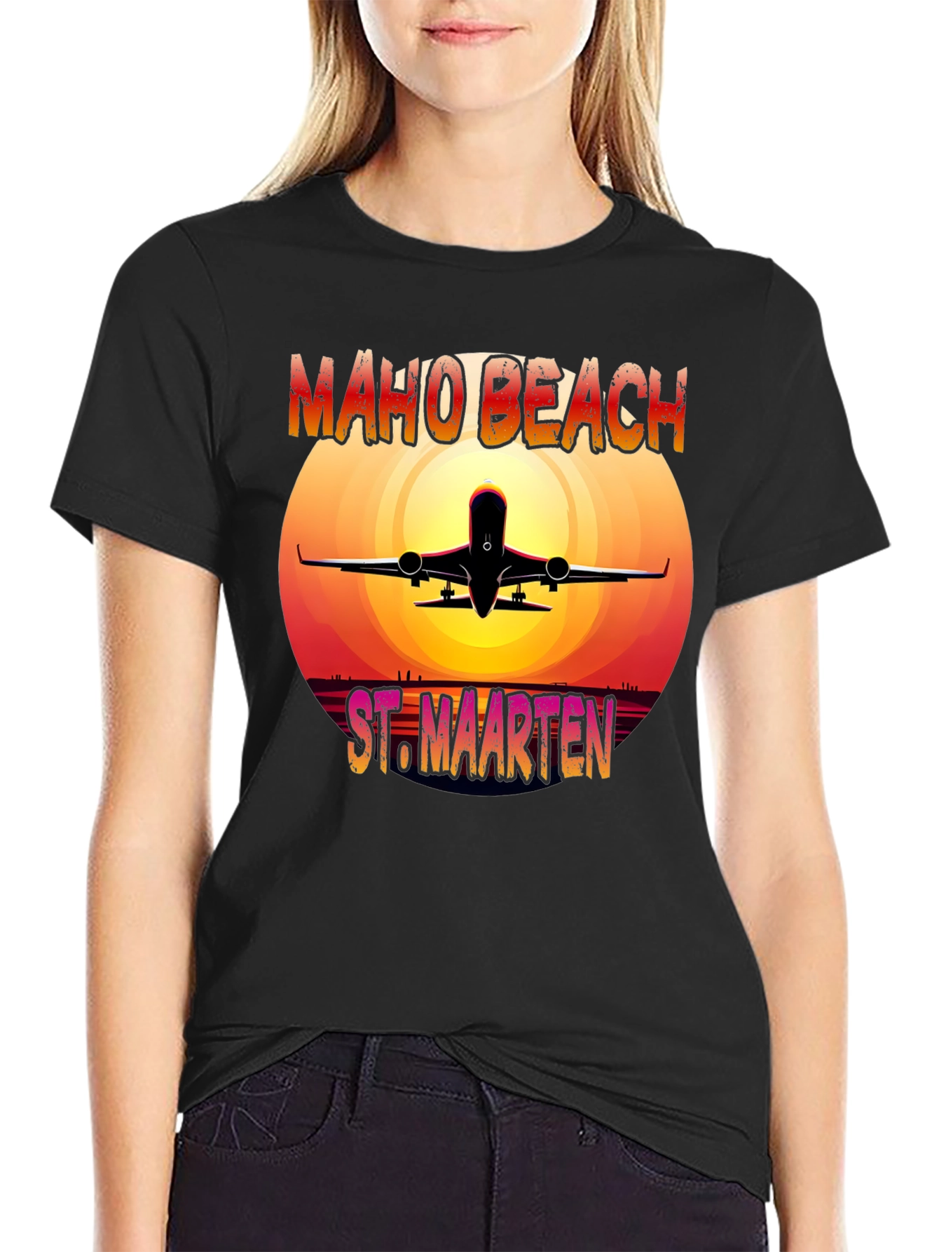 Maho Beach St. Maarten T-Shirt Airplane Sunset Vacation Tee