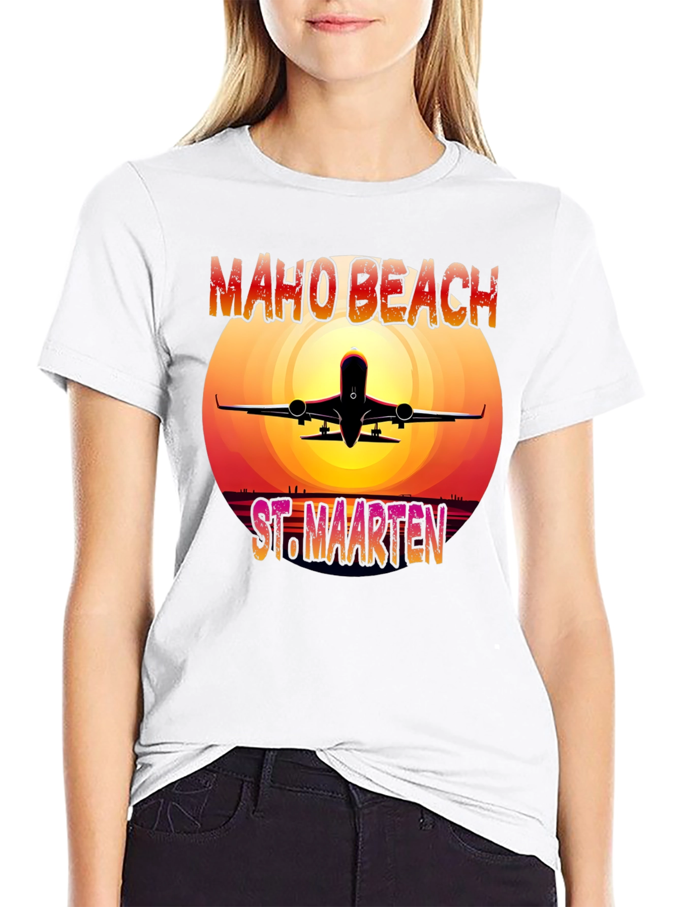 Maho Beach St. Maarten T-Shirt Airplane Sunset Vacation Tee