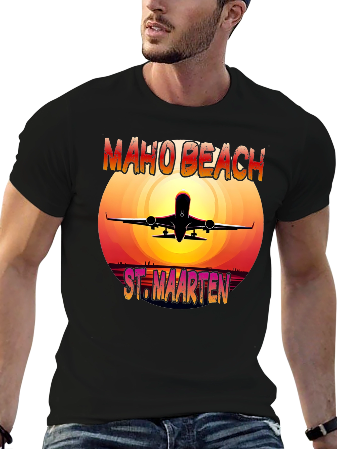 Maho Beach St. Maarten T-Shirt Airplane Sunset Vacation Tee